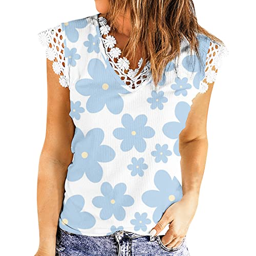 Women's V-Neck Sleeveless Summer Shirt - Lace Trim Loose Fit Printed/Solid Tank Top (Light Blue, XL) | Casual Beachwear & Summer Outfits for Women