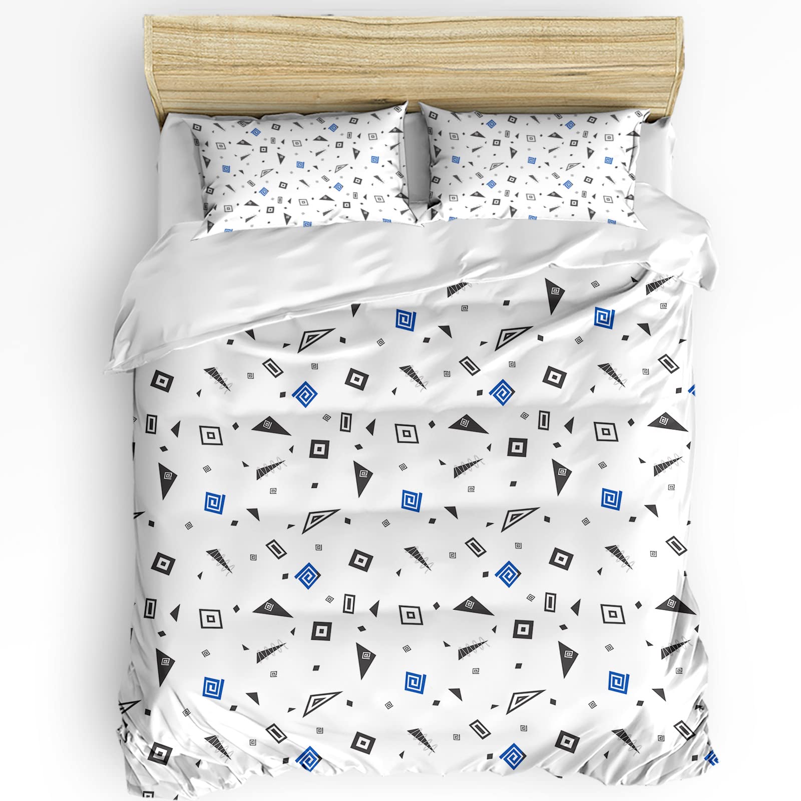 Luxury Soft Geometric Duvet Cover Set - 3pc White & Blue Triangle Rhombus Pattern Comforter with Pillowcases | Full Size Washable Bedding | Perfect for Modern Bedrooms, Guest Rooms & Cozy Home Decor