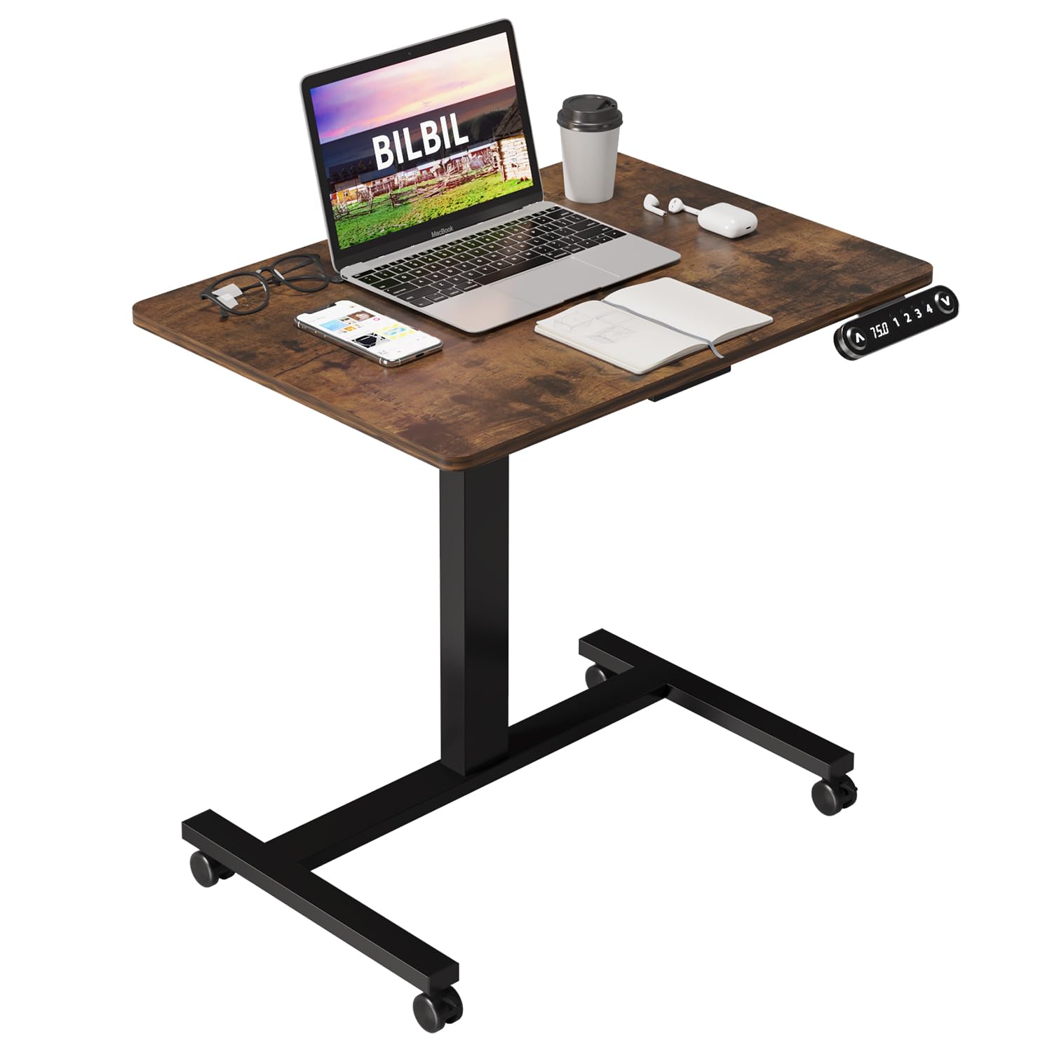 BilBil Electric Standing Desk with Lockable Wheels - 32x24 Inch Height Adjustable Sit to Stand Workstation, Mobile Rolling Computer Desk for Home Office, Overbed Laptop Table, Portable Workstation (Rustic Brown) | Perfect for Small Spaces, Remote Work & Bedroom Office Setup