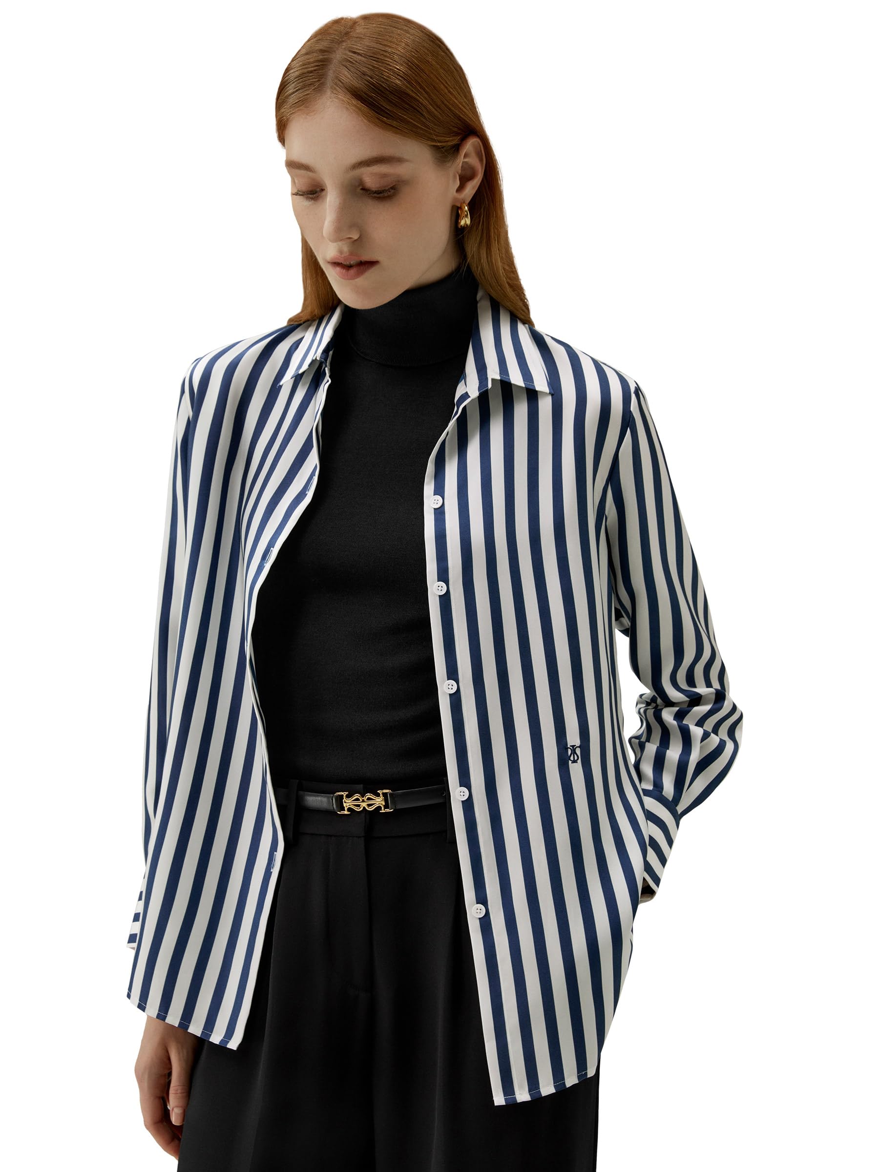 LilySilk Women's 100% Pure Silk Blouse - V-Neck Long Sleeve Blue & White Pinstripe Shirt for Work, Office, and Casual Wear | All-Season Comfort & Elegance | Perfect for Business Meetings, Date Nights, and Professional Outfits