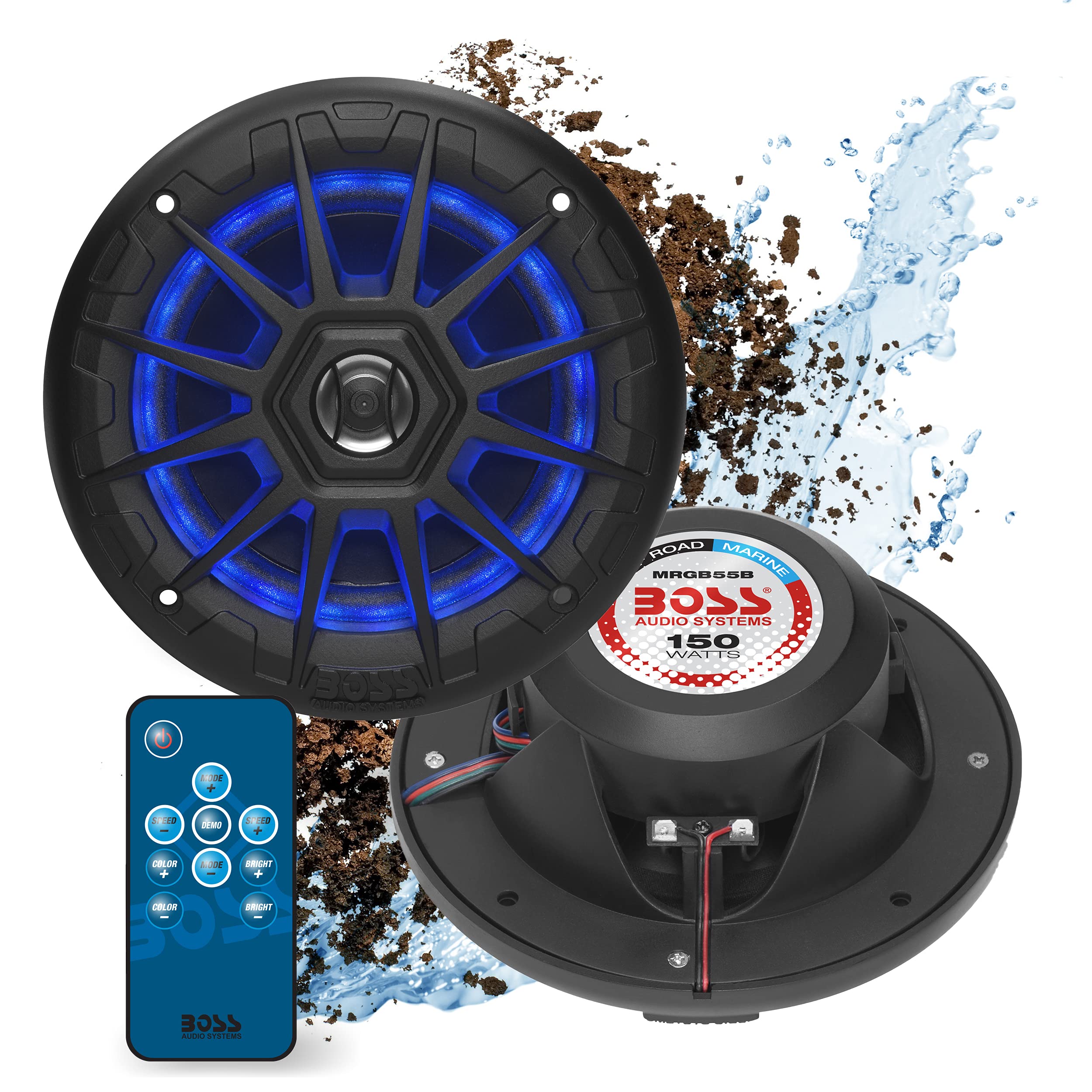 BOSS Audio MRGB55B 5.25 Inch Marine Speakers - Weatherproof, 150W Pair, 75W Each, Multi-Color LED, Full Range 2-Way Audio, Sold in Pairs - Ideal for Boats, RVs, and Outdoor Adventures