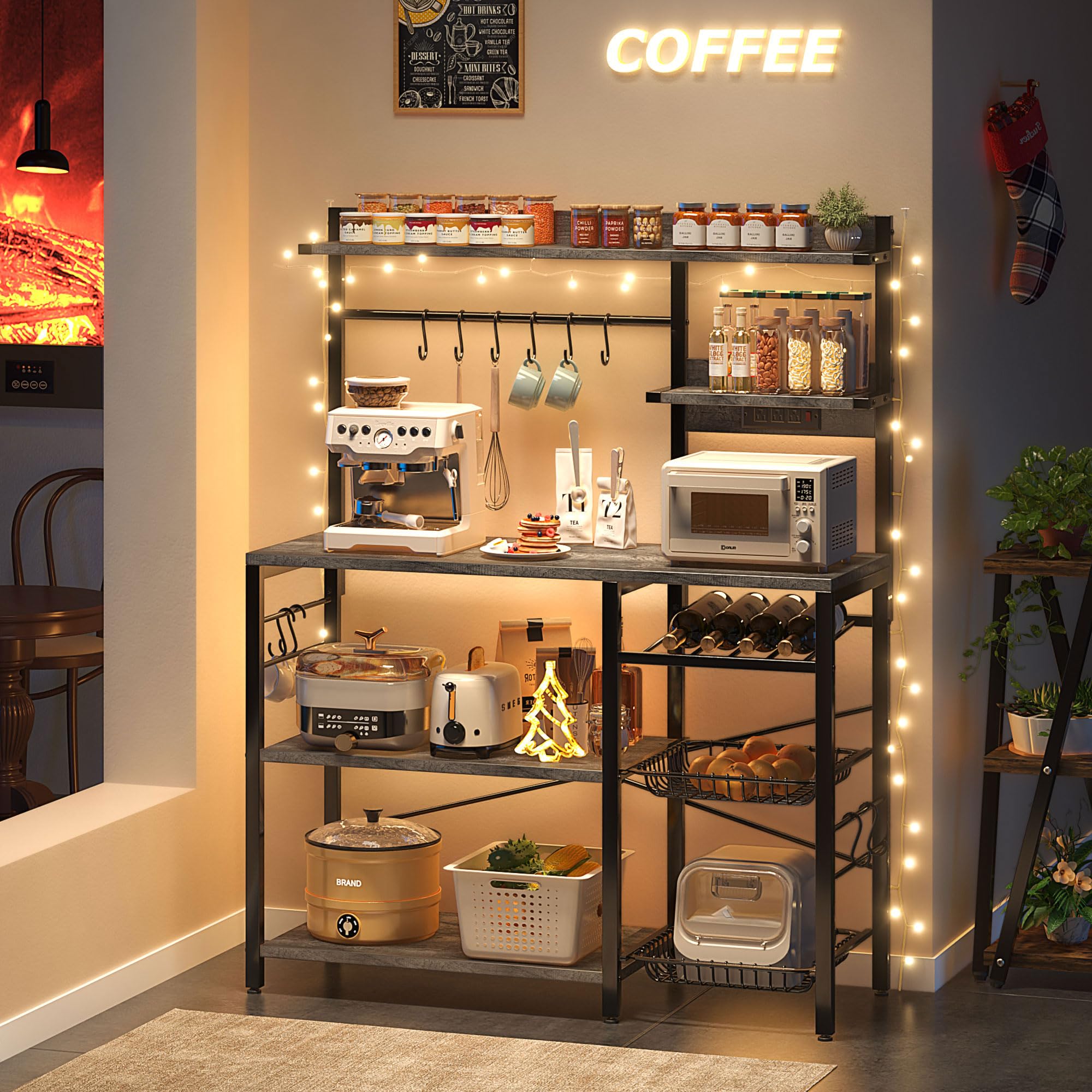Mexin 6-Tier Large Bakers Rack with Power Outlets - Microwave Stand with Storage, Coffee Bar Station with 10 S-Shaped Hooks & Wire Basket - Grey Oak - Perfect for Kitchen Organization, Pantry Storage & Coffee Station Setup