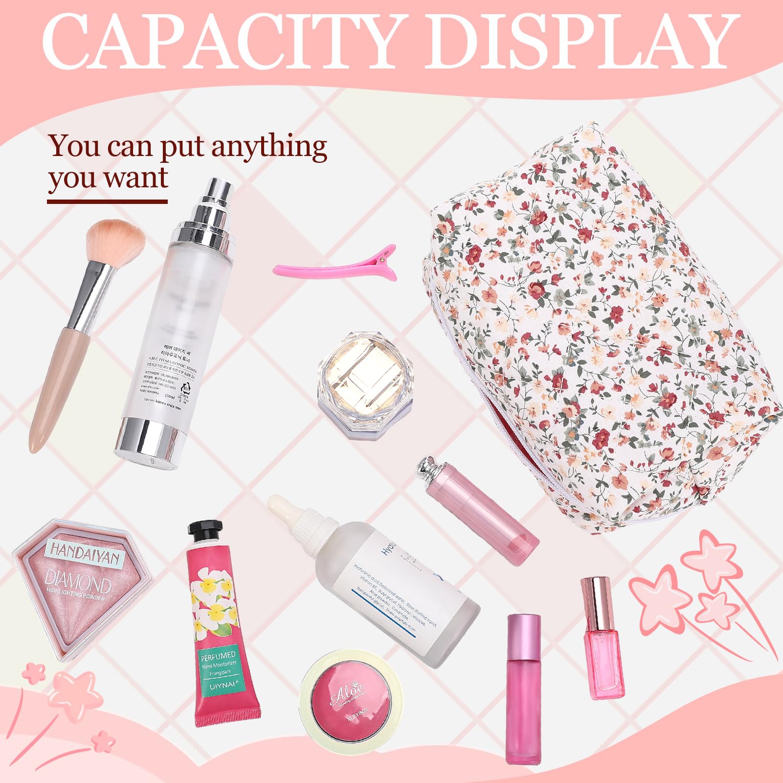 2 Pack Floral Makeup Bags for Women - Large Quilted Cotton Cosmetic Organizer with Zipper, Cute Fashionable Travel Toiletry Pouch & Free Floral Hair Clip - Perfect for Travel, Gym, and Daily Makeup Storage