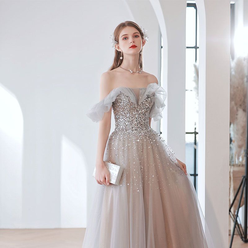 Sparkly Gray Off Shoulder Sequins Long Prom Dress - Elegant Formal Evening Gown for Homecoming, Wedding Guest & Special Occasions