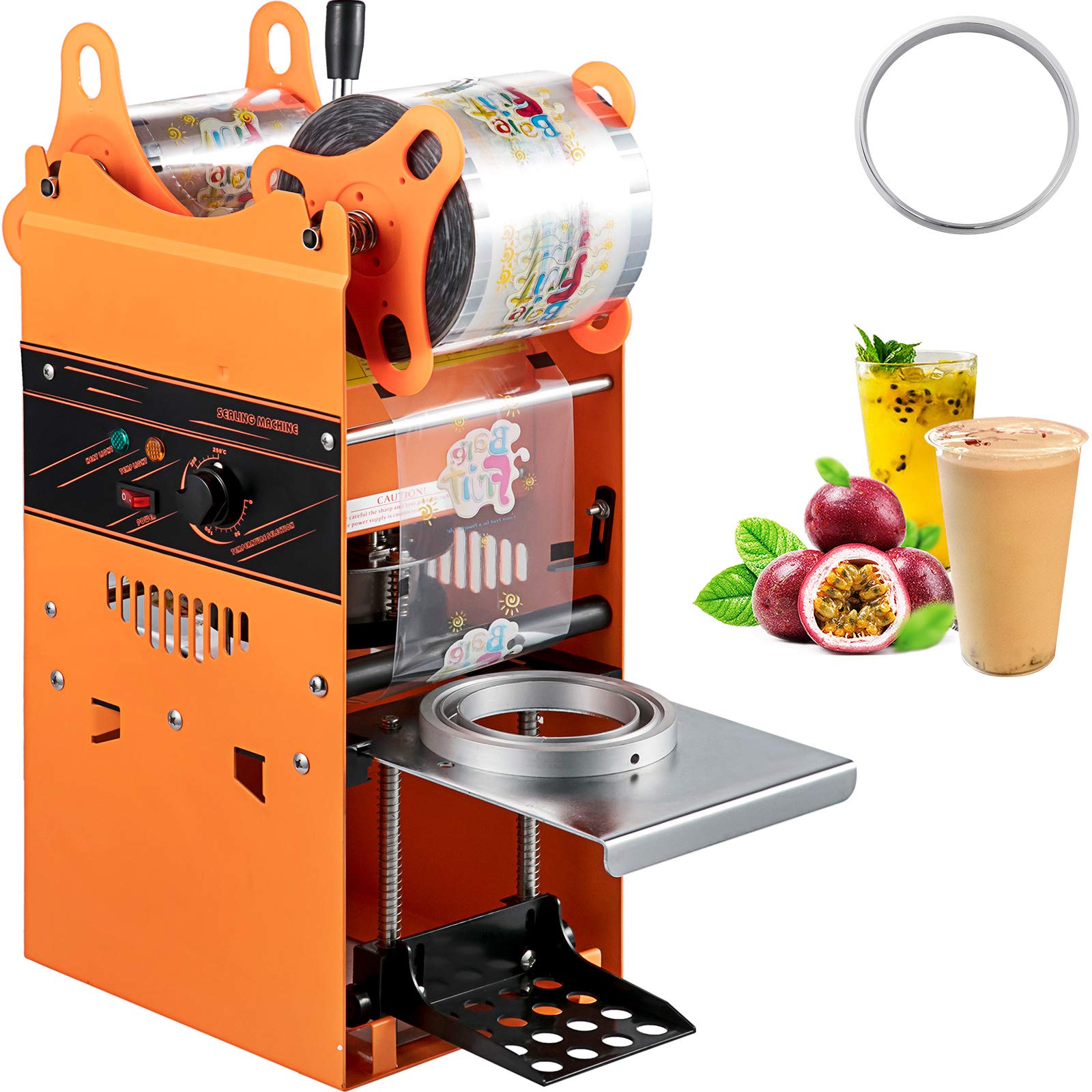 VEVOR Manual Tea Cup Sealer Machine for Boba & Bubble Tea - 300-500 Cups/Hour, 90/95mm Cup Diameter, Orange Color with Heating Technology | Perfect for Bubble Milk Tea Shops, Cafes & Home Use