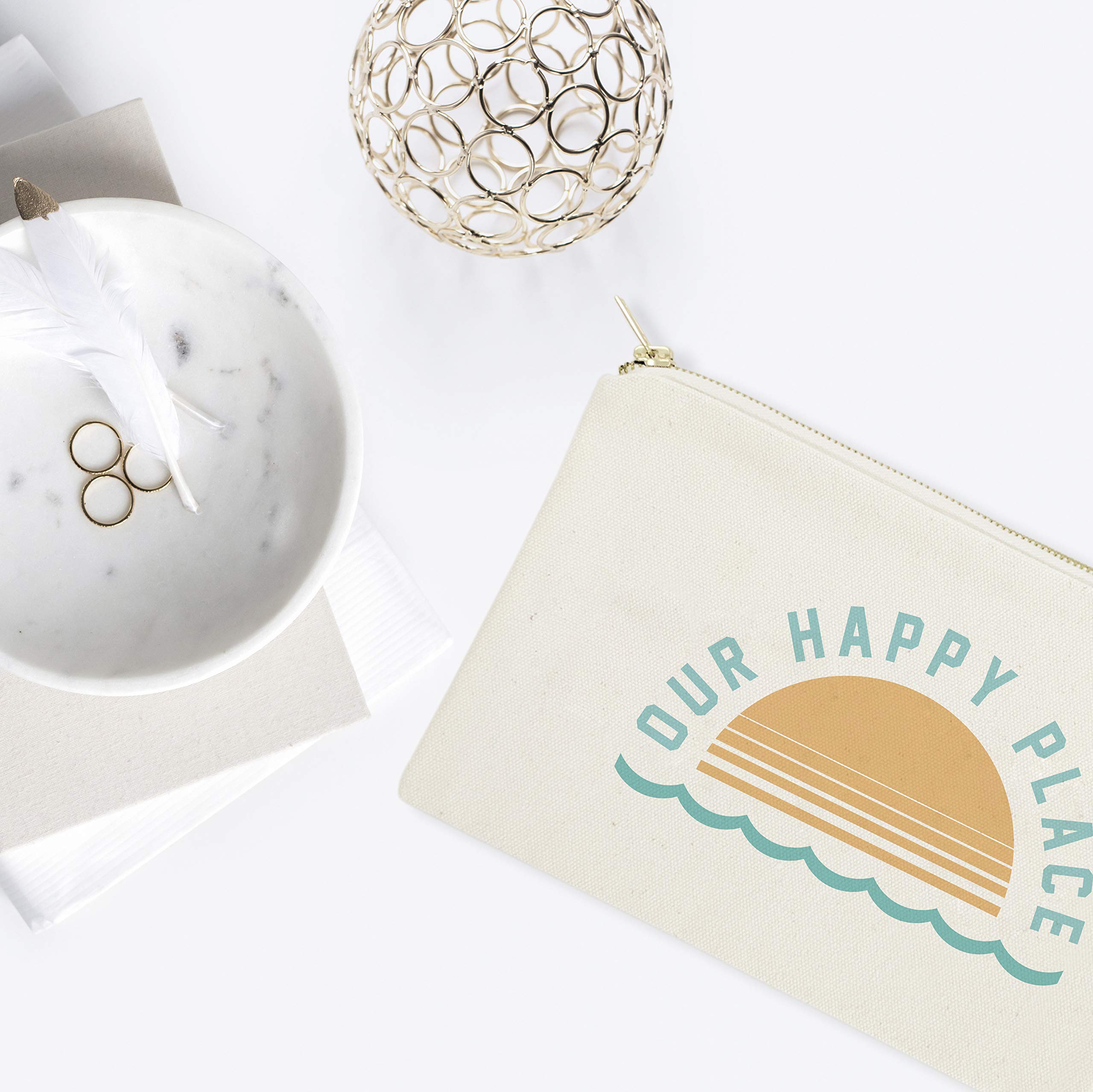 The Cotton & Canvas Co. Happy Place Summer Beach Cosmetic Bag - Waterproof Travel Makeup Pouch for Women, Perfect for Vacation, Pool & Gym Essentials Organization