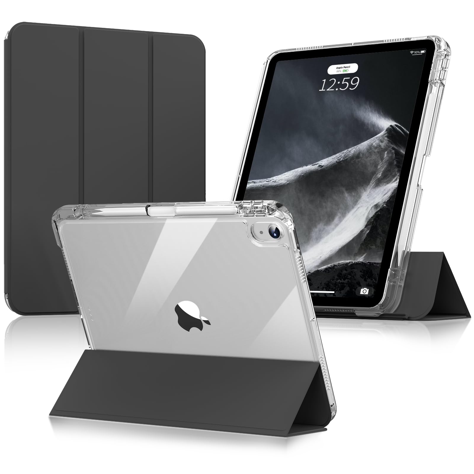 Premium Hybrid Protective Case for iPad Air 11-inch M3/M2 (2025/2024) & iPad Air 5th/4th Gen (2022/2020) - Shockproof Cover with Apple Pencil Holder, Detachable Magnetic Stand & Clear Hard Back Shell - Perfect for Work, School & Travel - Black