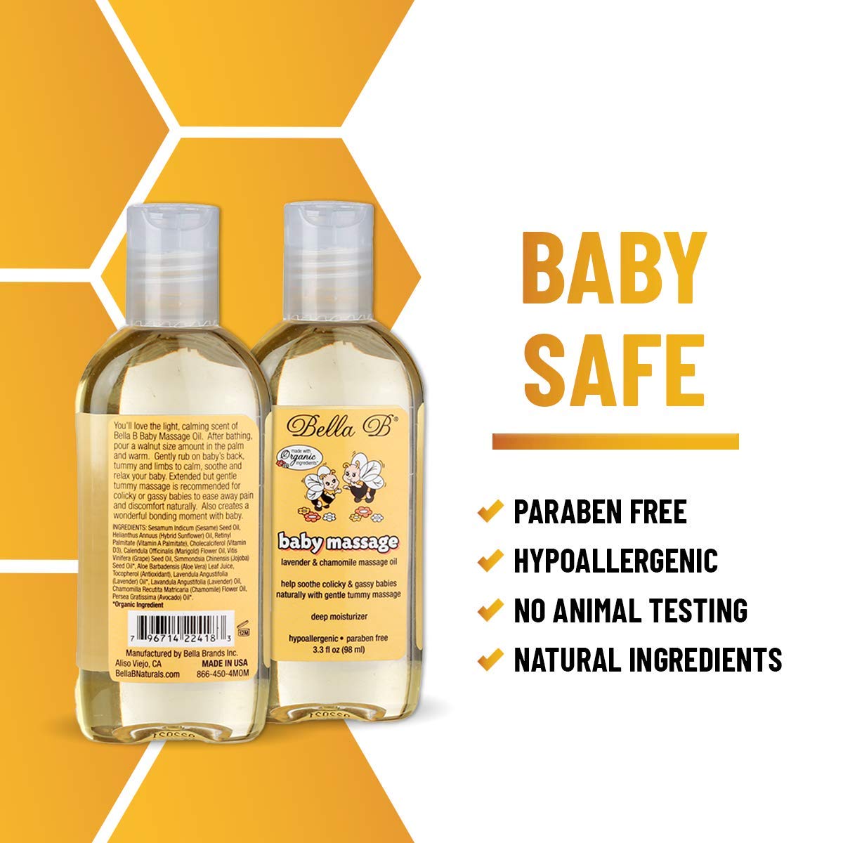 Organic BELLA B Baby Massage Oil 3.3 oz - Lavender Scented Infant Massage Oil for Relaxation & Sleep - Perfect for Newborns, Baby Massage & Skin Care - Made with Natural Ingredients for Sensitive Skin