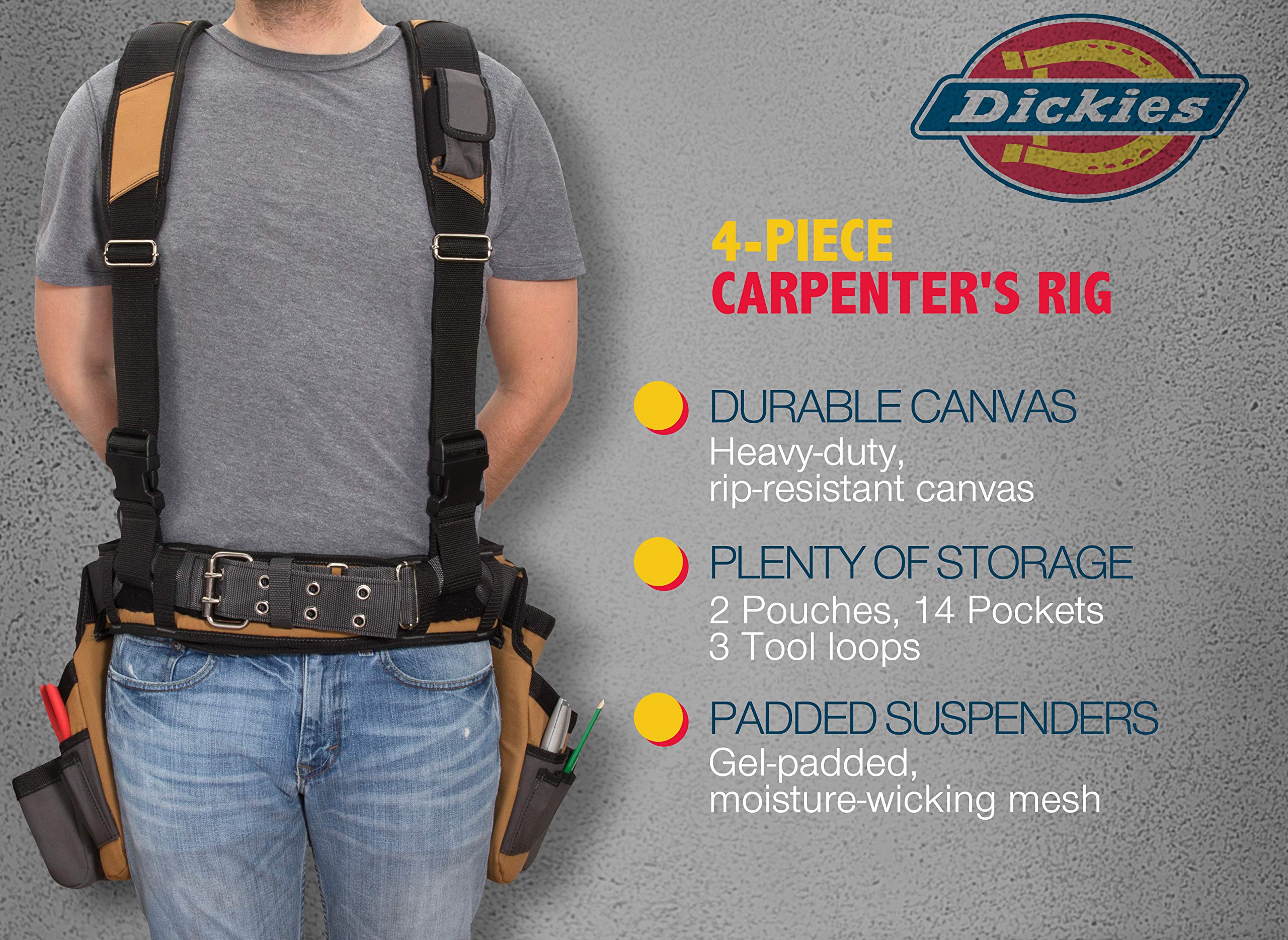 Dickies 4-Piece Carpenter's Rig with Padded Tool Belt Suspenders - Cooling Mesh Design & Steel Buckle (Black) - Durable Workwear for Construction & Home Improvement Projects
