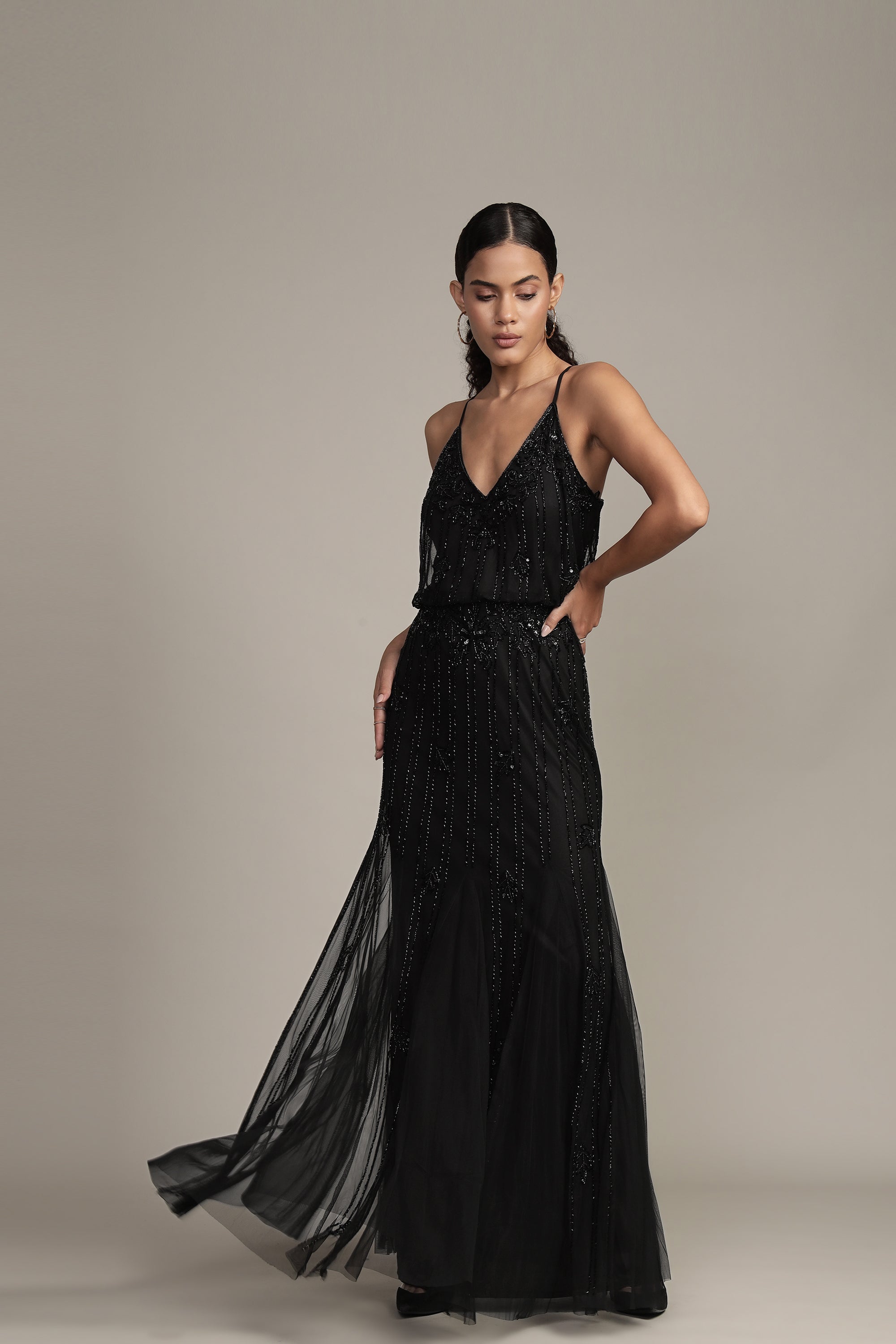 Keeva Black Beaded Maxi Dress for Women - Elegant Long Evening Gown with Intricate Beadwork, Perfect for Weddings, Parties & Special Occasions