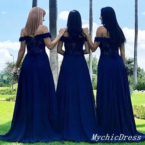 Elegant Off-the-Shoulder Navy Blue Lace Bridesmaid Dress with Sequins - Perfect for Weddings, Parties & Formal Events