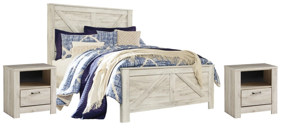 Bellaby Queen Size Crossbuck Panel Bed Frame with 2 Nightstands - Rustic Farmhouse Bedroom Set for Master Bedroom Decor