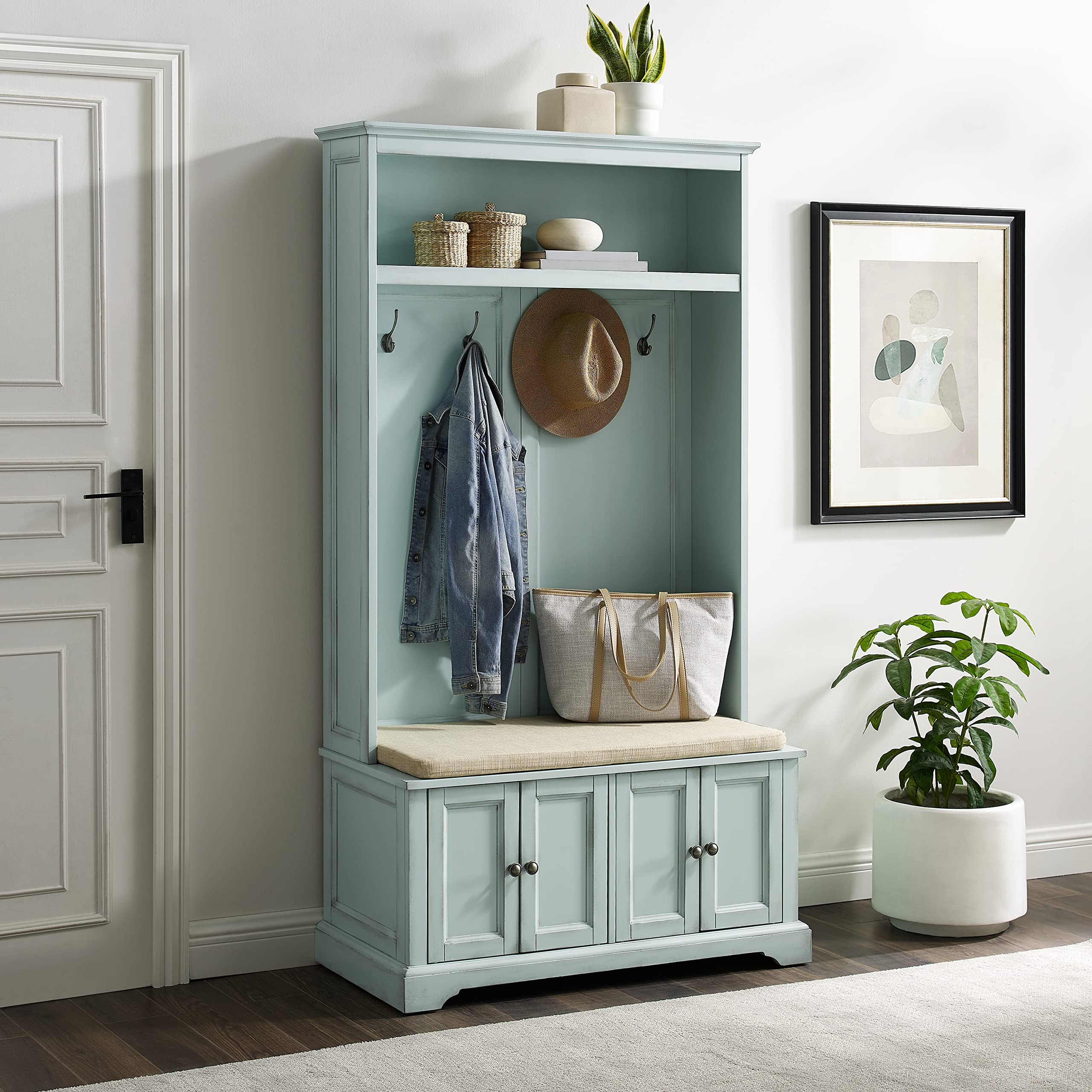 Crosley Holbrook Hall Tree with Shoe Rack, Storage Bench & Coat Hooks | Distressed Seafoam Blue Entryway Organizer | Perfect for Small Spaces, Mudrooms & Farmhouse Decor