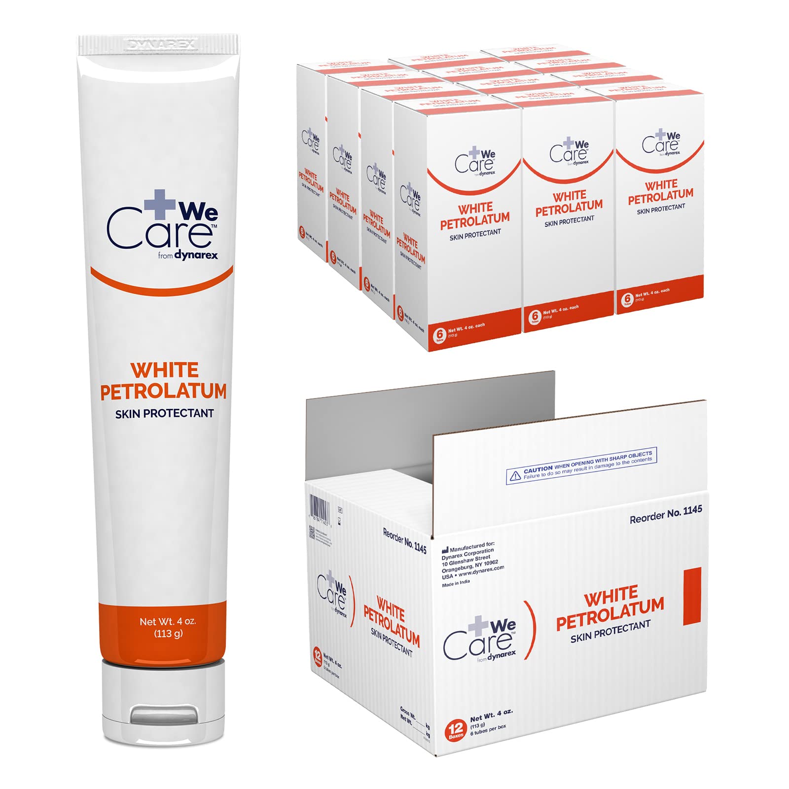 Dynarex White Petrolatum Jelly for Dry, Cracked Skin & Minor Irritations - 4oz Tubes (72 Tubes/Case) - Soothing Skin Protectant for Lips, Hands, Feet & First Aid Use
