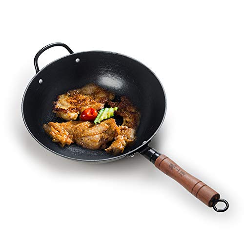 ZhenSanHuan Premium Cast Iron Wok Pan - 14.1 Inch Flat Bottom, No Chemical Coating, Induction Compatible - Perfect for Stir Frying, Searing & Asian Cooking