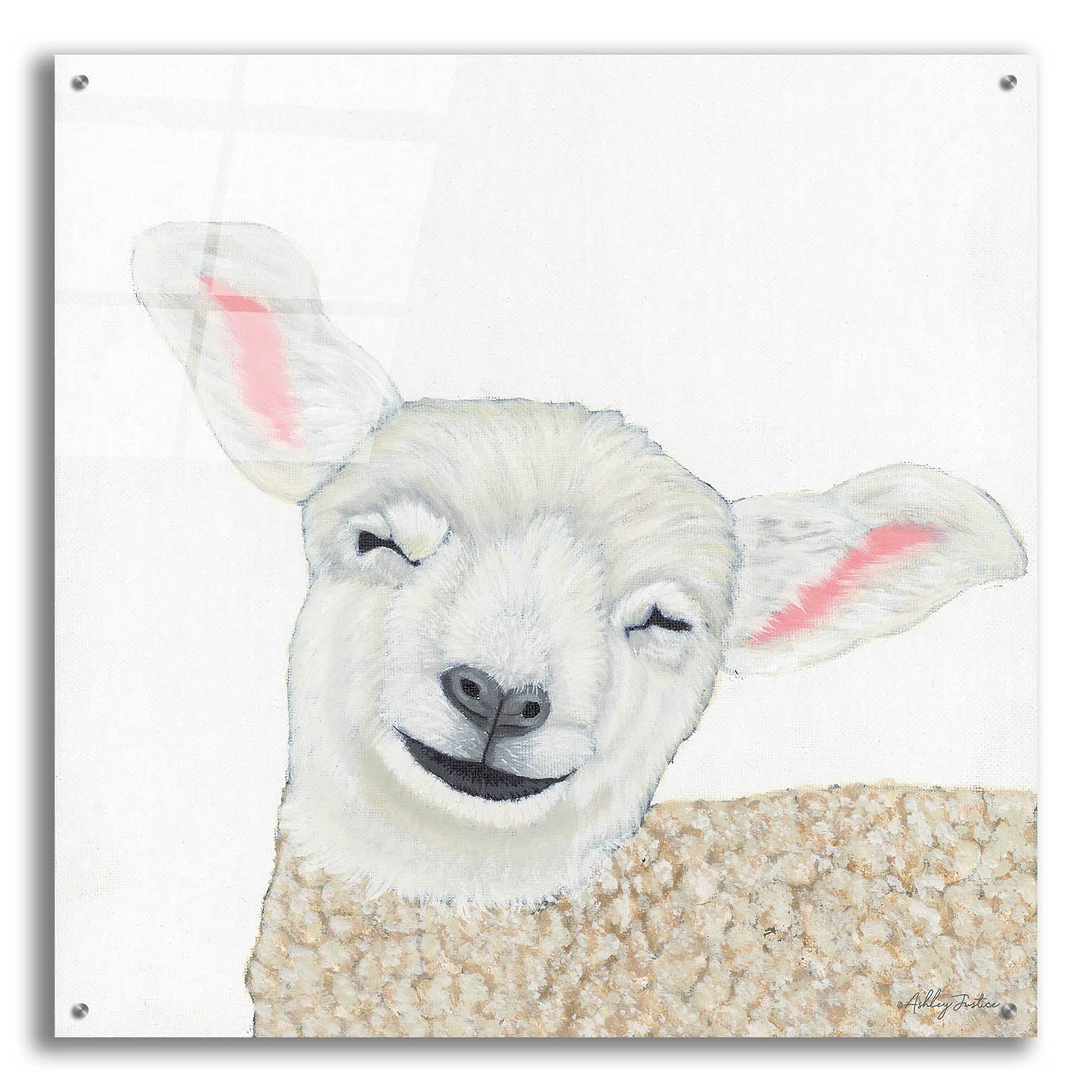 Epic 'Smiling Sheep' Acrylic Glass Wall Art by Ashley Justice - 36x36 Inches Modern Home Decor for Living Room, Bedroom & Office