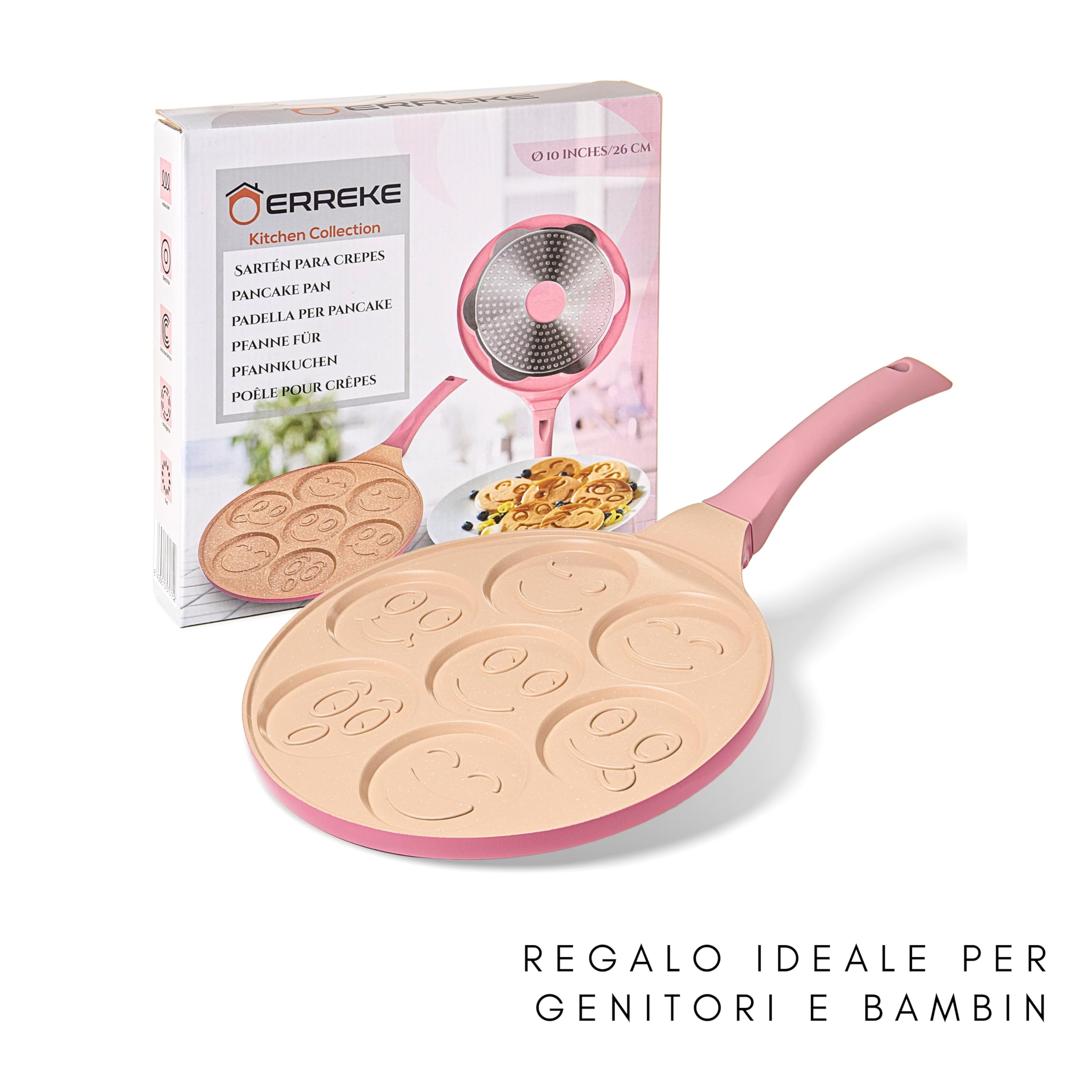 Erreke Non-Stick Emoji Face Pancake Pan - 26cm Pink Fun Design for Kids - Induction Compatible, Perfect for Pancakes, Eggs & More - Ideal for Family Breakfast & Kids Cooking Activities