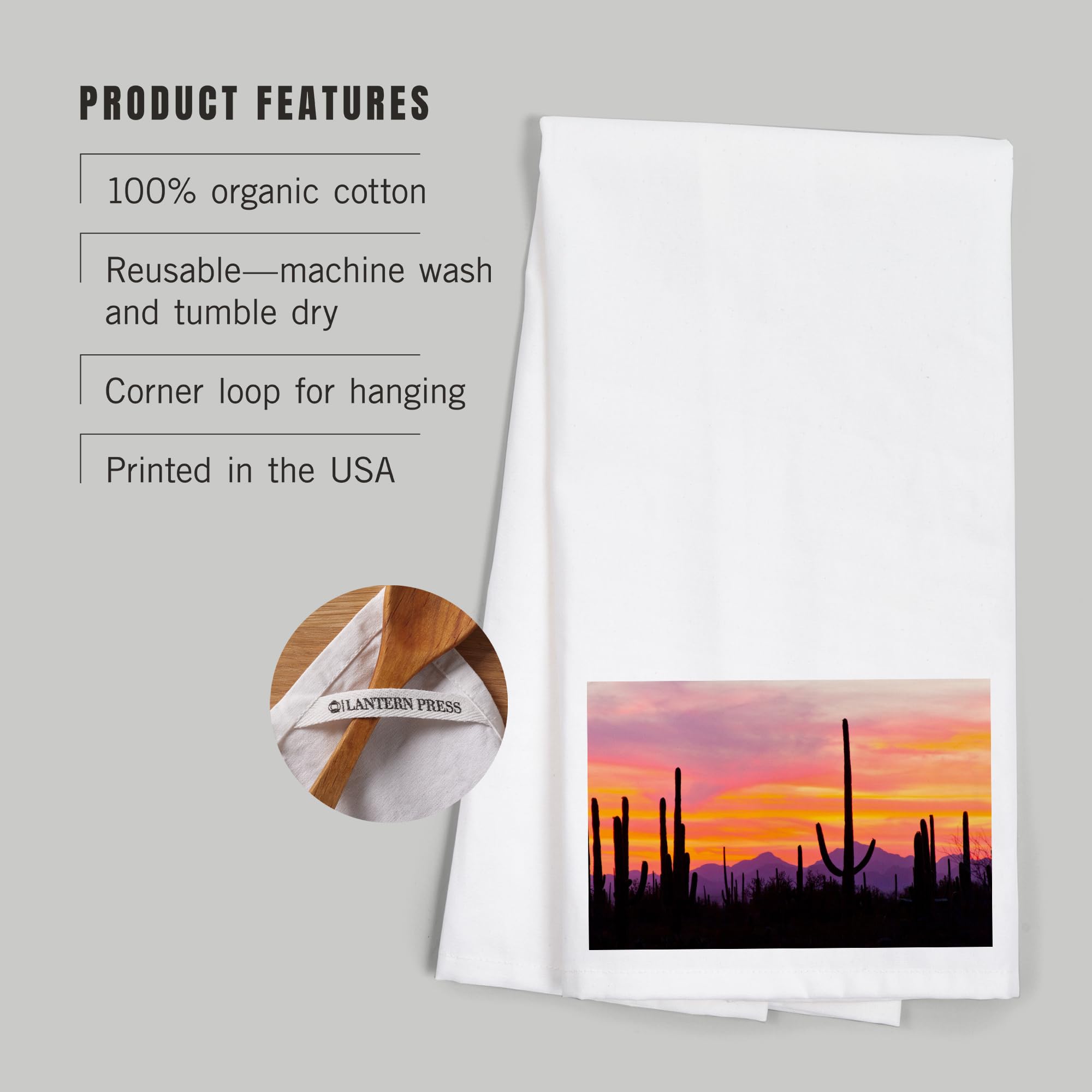 Lantern Press Sunset and Cactus Cotton Tea Towel - 100% Premium Cotton Decorative Hand Towel for Kitchen, Bathroom & Home Decor | Perfect for Dish Drying, Gift Giving and Southwestern Style Decor