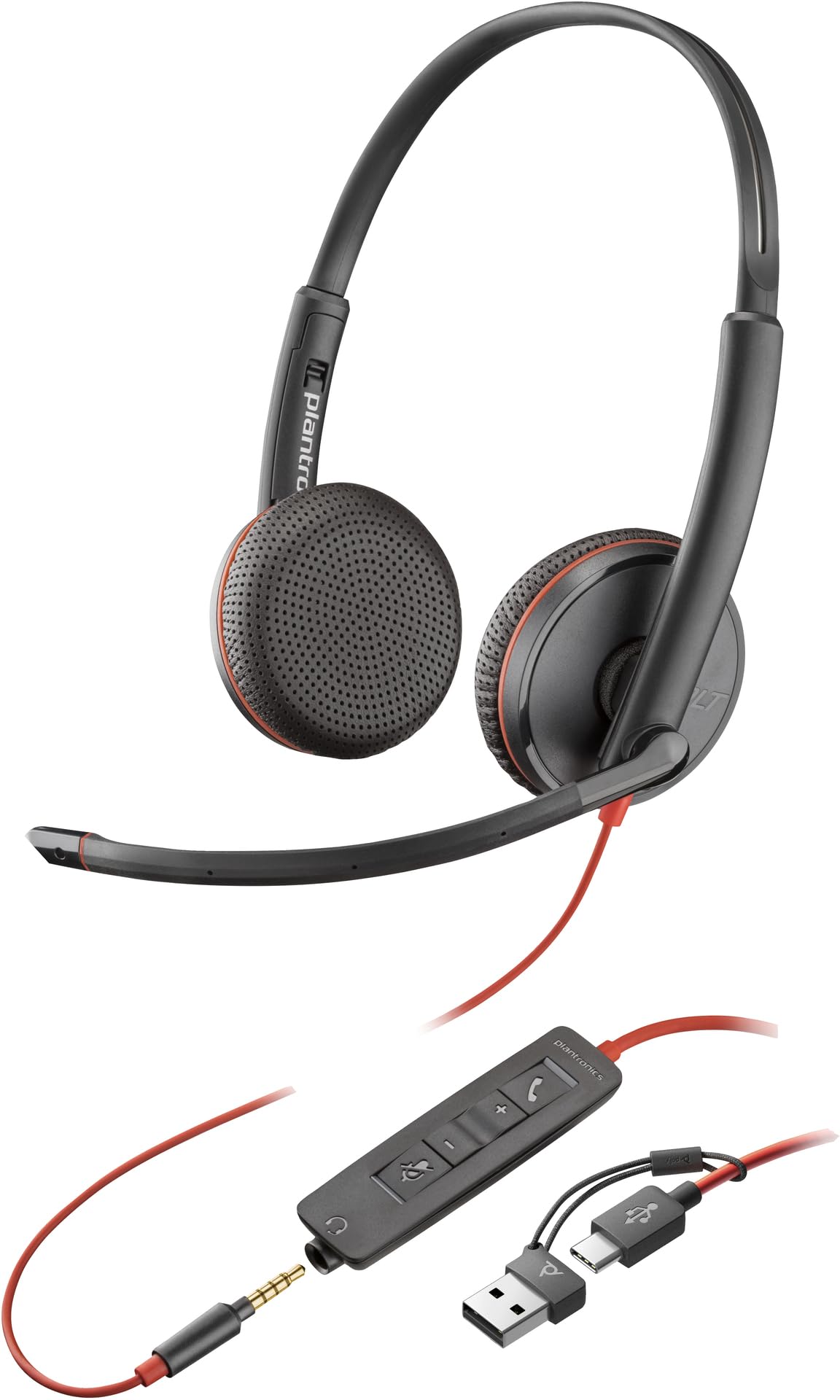 Poly Blackwire C3225 USB-C/USB-A 3.5mm Stereo Headset with Noise-Canceling Mic - Wired Office Headphones for Business Calls, Remote Work & Online Meetings
