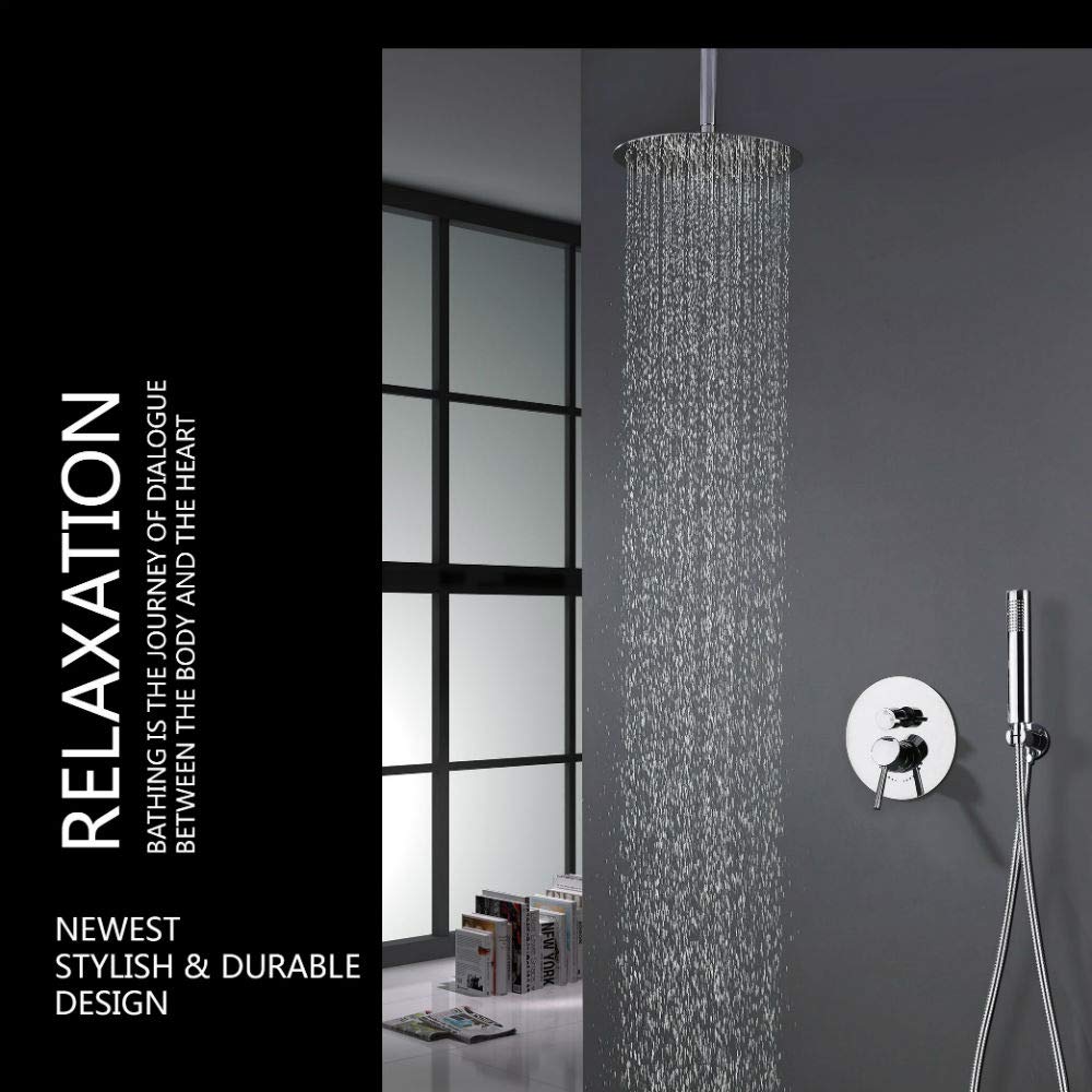 10 Inch Chrome Ceiling Shower System with Handheld Shower Head - Brass Rough-in Valve & Trim Kit - Modern Bathroom Shower Fixture for Spa-Like Experience - Perfect for Master Bath & Luxury Home Renovation