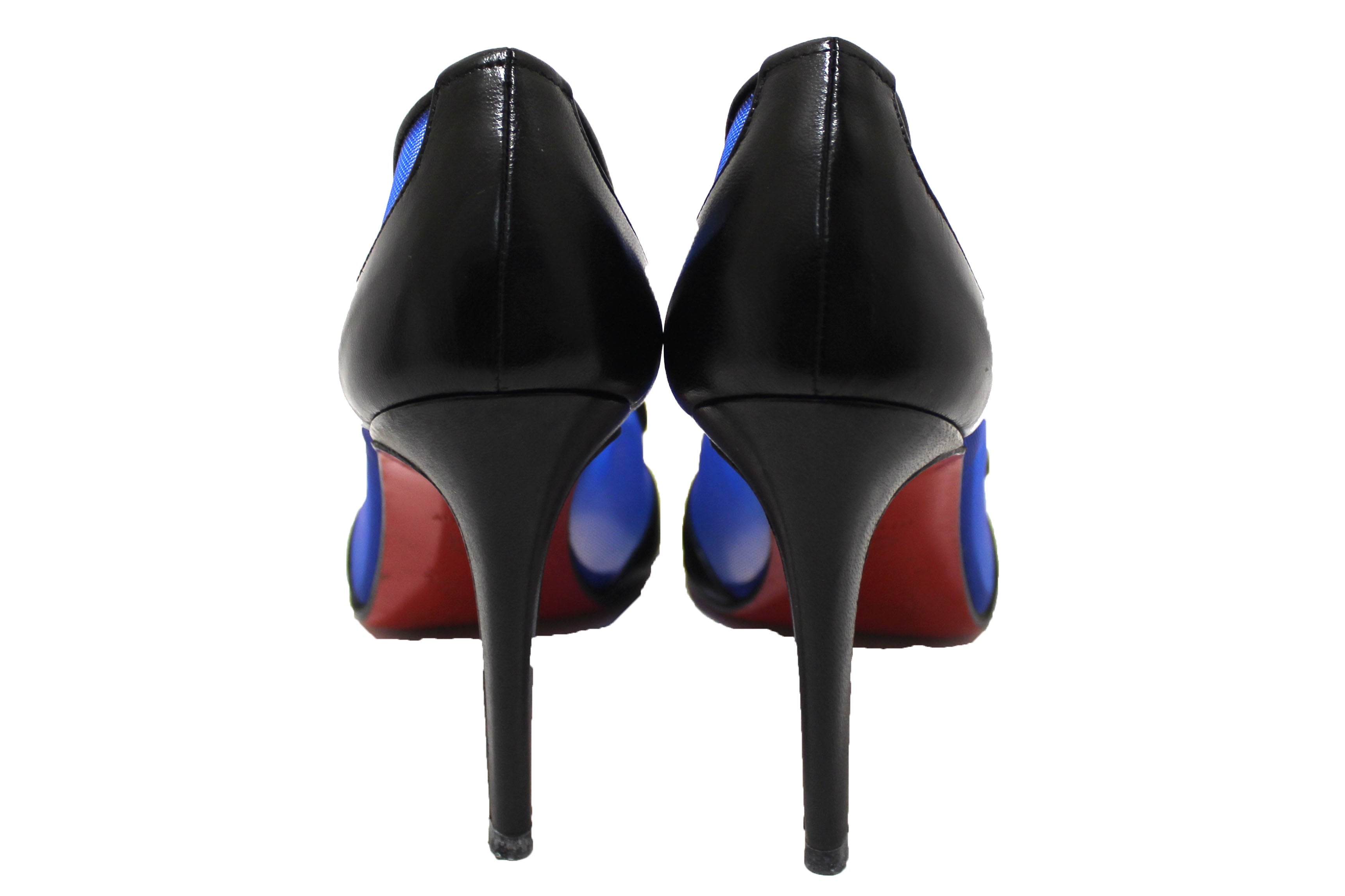 Authentic Christian Louboutin Galativi Black Leather & Blue Mesh Pointed Toe Stiletto Heels Women's Size 34.5 | Luxury Designer Pumps for Parties, Weddings & Special Occasions