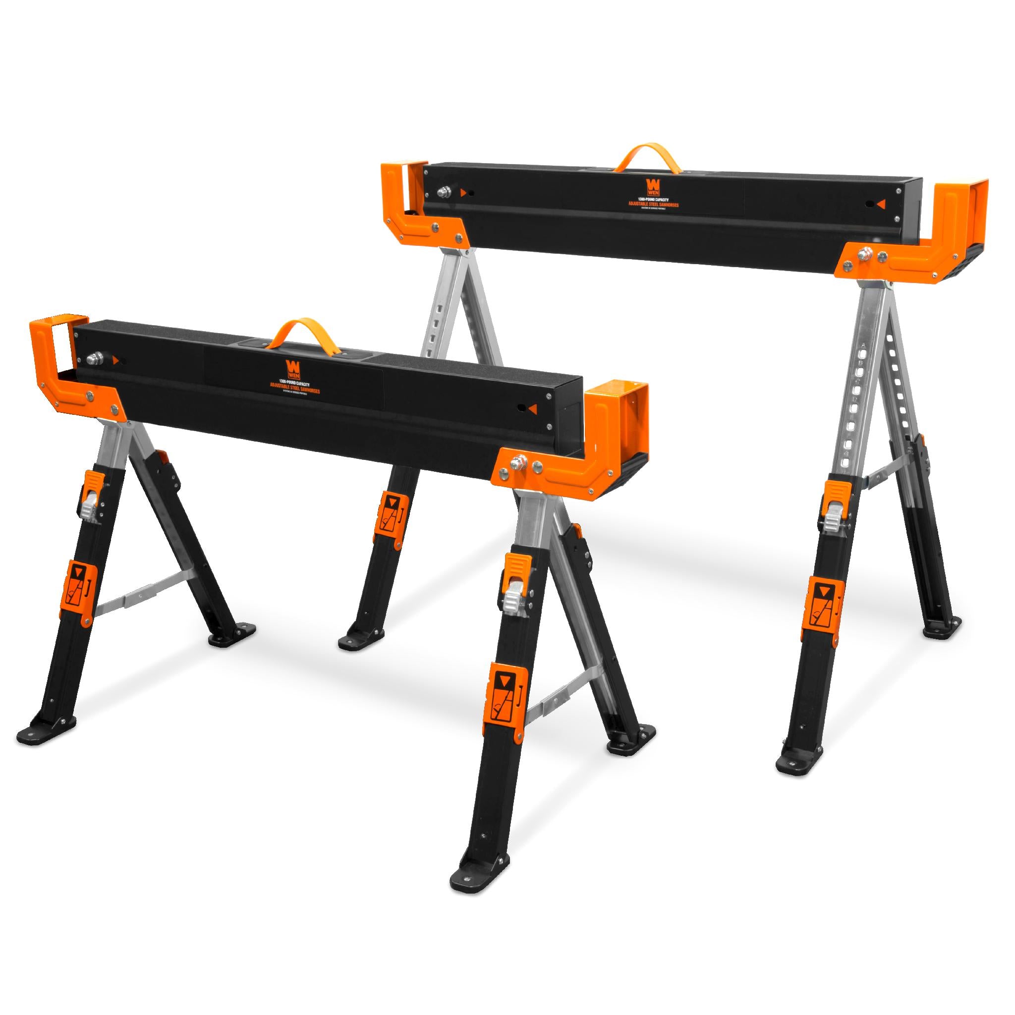 WEN WA1302 Heavy Duty Folding Saw Horse - 1300 lb Capacity Adjustable Steel Workbench with 2x4 Support Arms (2-Pack) - Perfect for Construction, Woodworking & DIY Projects