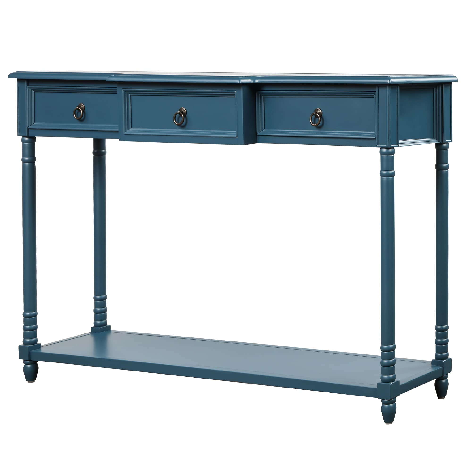 Antique Navy Console Table with Drawers & Long Shelf - Stylish Sofa Table for Entryway, Living Room, or Hallway Decor