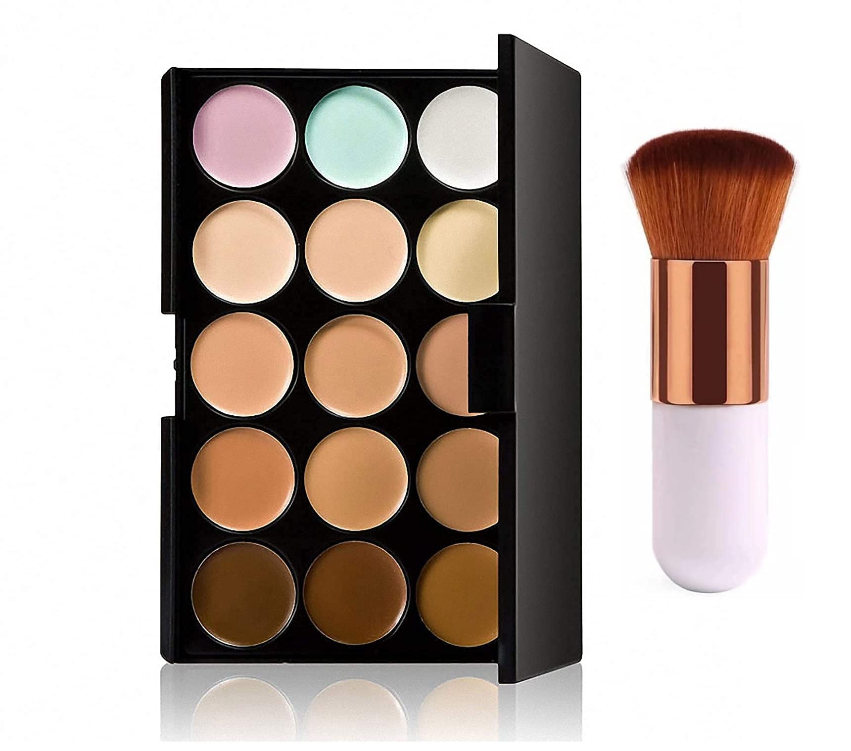 15 Color Contour Face Cream Makeup Concealer Palette with Mini Foundation Brush - Multicolor Cream Contouring Kit for Highlighting & Shading - Perfect for Professional Makeup, Bridal Looks & Everyday Beauty