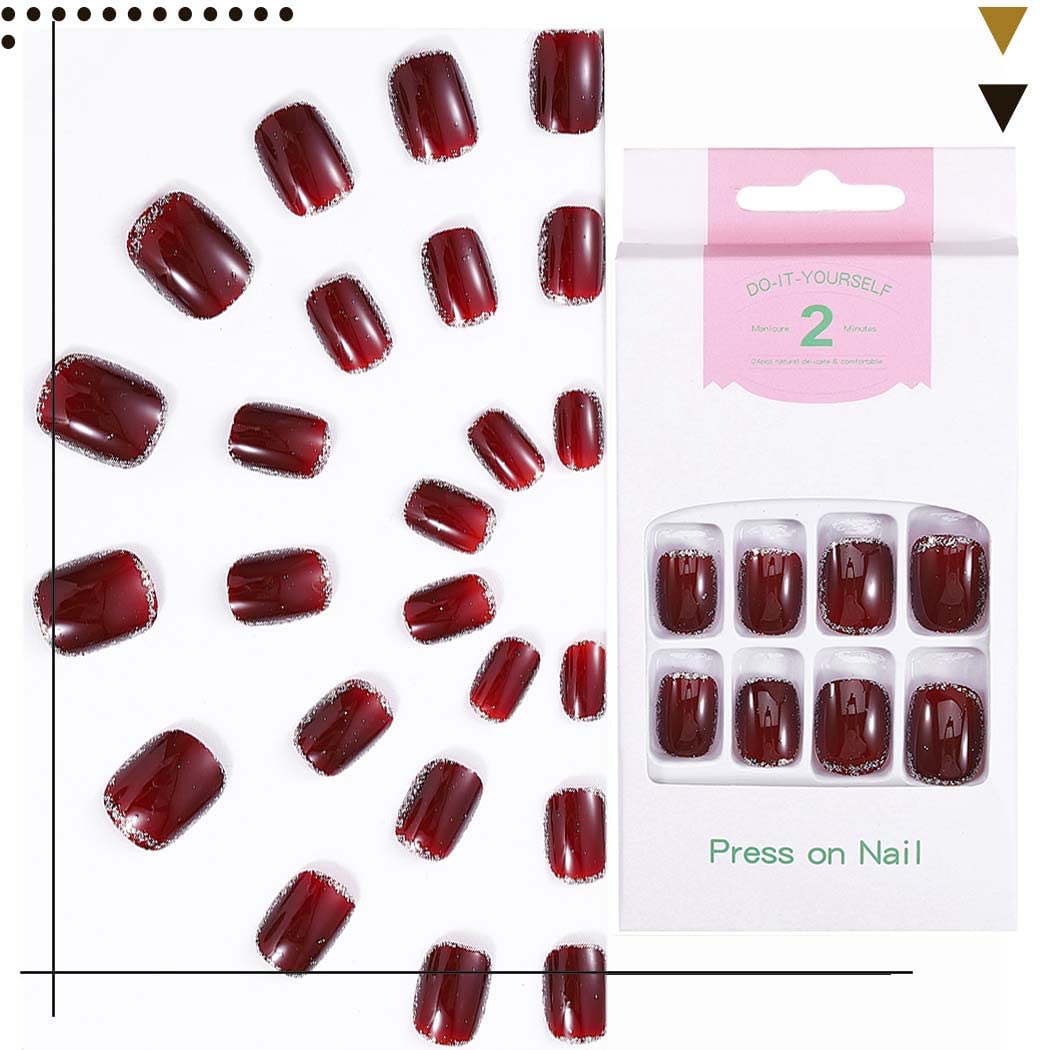 Short Press On Nails Red Square Fake Nails with Glitter & Glossy Finish - Shimmer Acrylic Artificial Nails for Women & Girls (24Pcs) - Perfect for Daily Wear, Parties, and Special Occasions