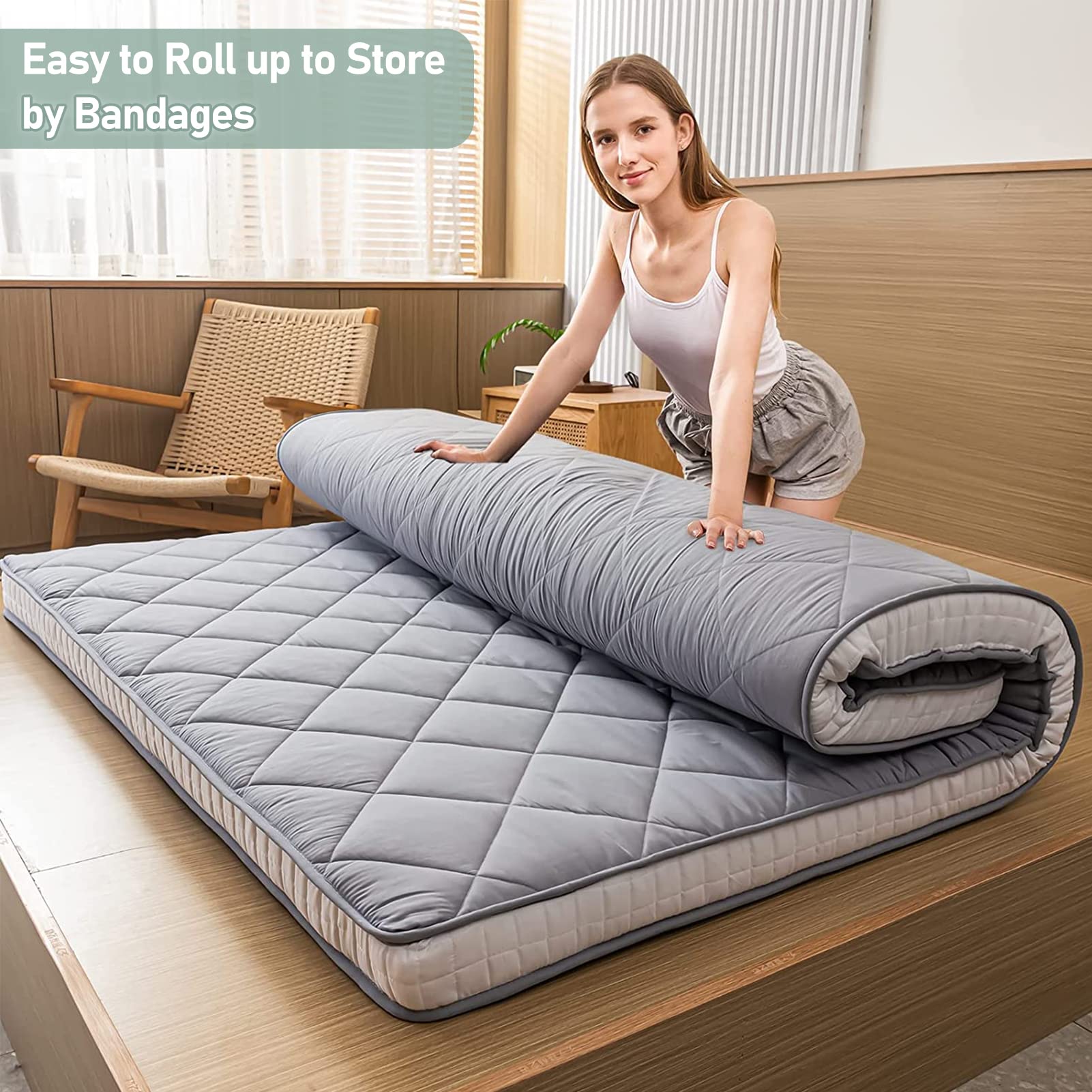 MAXYOYO Japanese Floor Futon Mattress - Diamond Pattern Roll Up Folding Bed for Adults & Guests, Grey | Portable Floor Sleeping Mat for Small Spaces, Camping & Travel