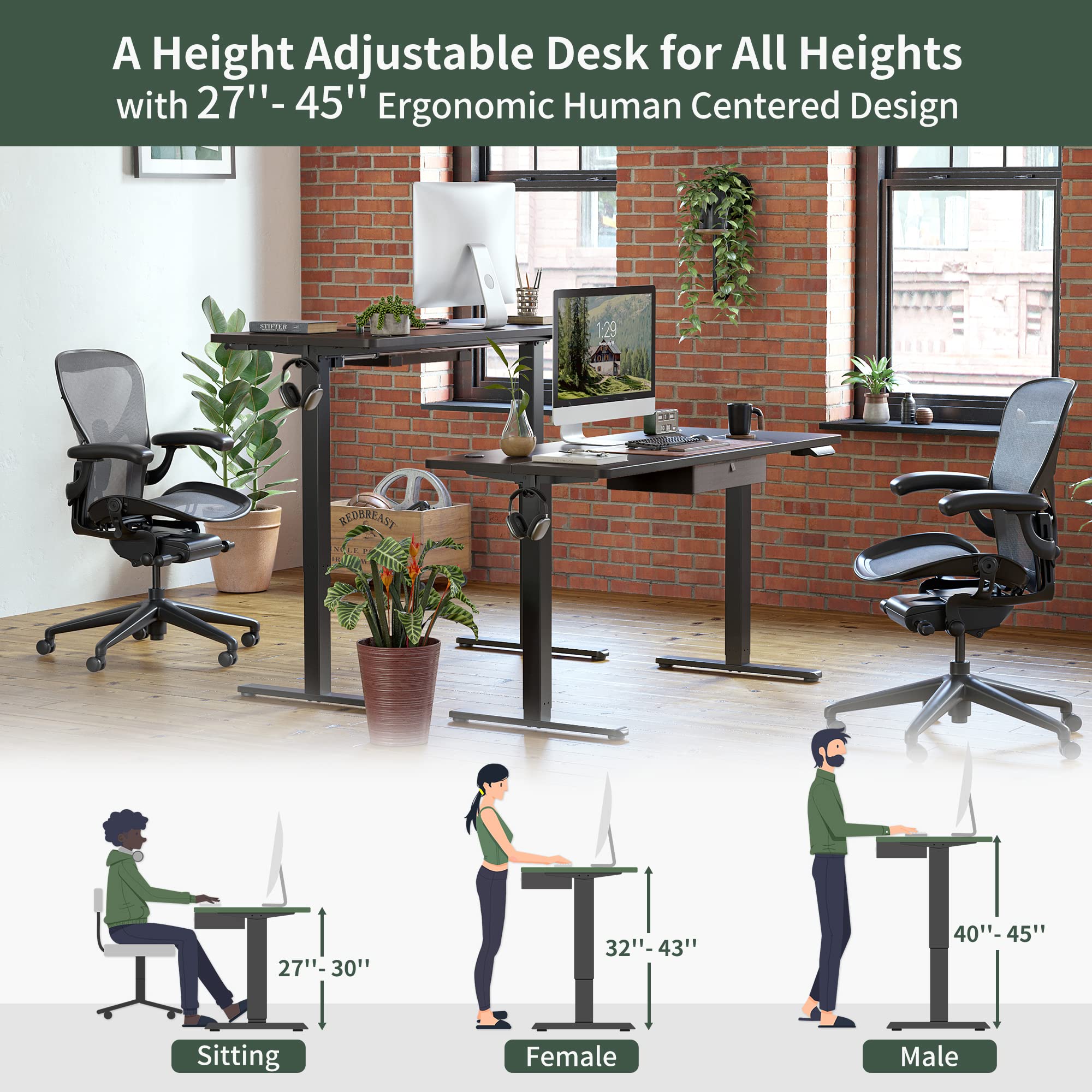 FEZIBO 63 x 24 Inches Electric Standing Desk with Drawer & Storage | Adjustable Height Ergonomic Computer Desk for Home Office | Perfect for Remote Work, Gaming & Study (Black)