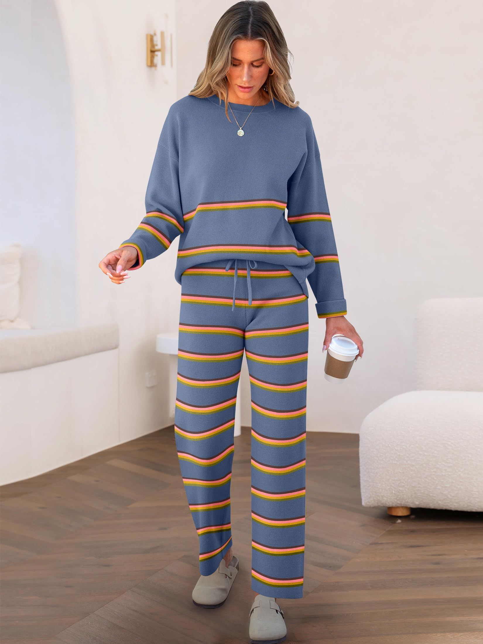 Caracilia Women's 2 Piece Sweater Set - Striped Oversized Knit Sweater with Wide Leg Lounge Pants | Cozy Fall Outfit 2024 | Perfect for Home Relaxation, Casual Outings & Autumn Photoshoots