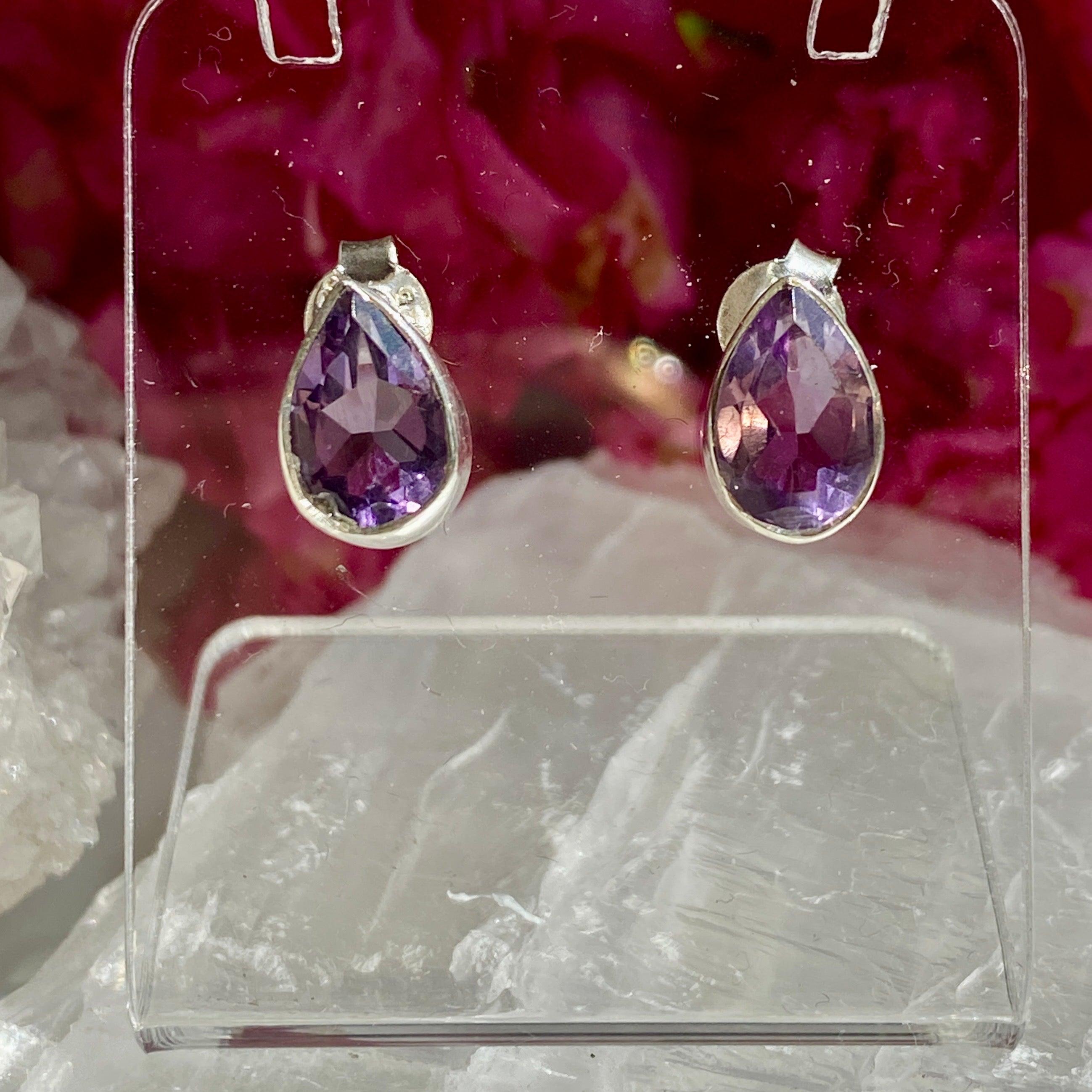 Amethyst Faceted Teardrop Stud Earrings for Women - 925 Sterling Silver Dainty Jewelry Gift - Perfect for Weddings, Parties & Everyday Wear KEGJ1054