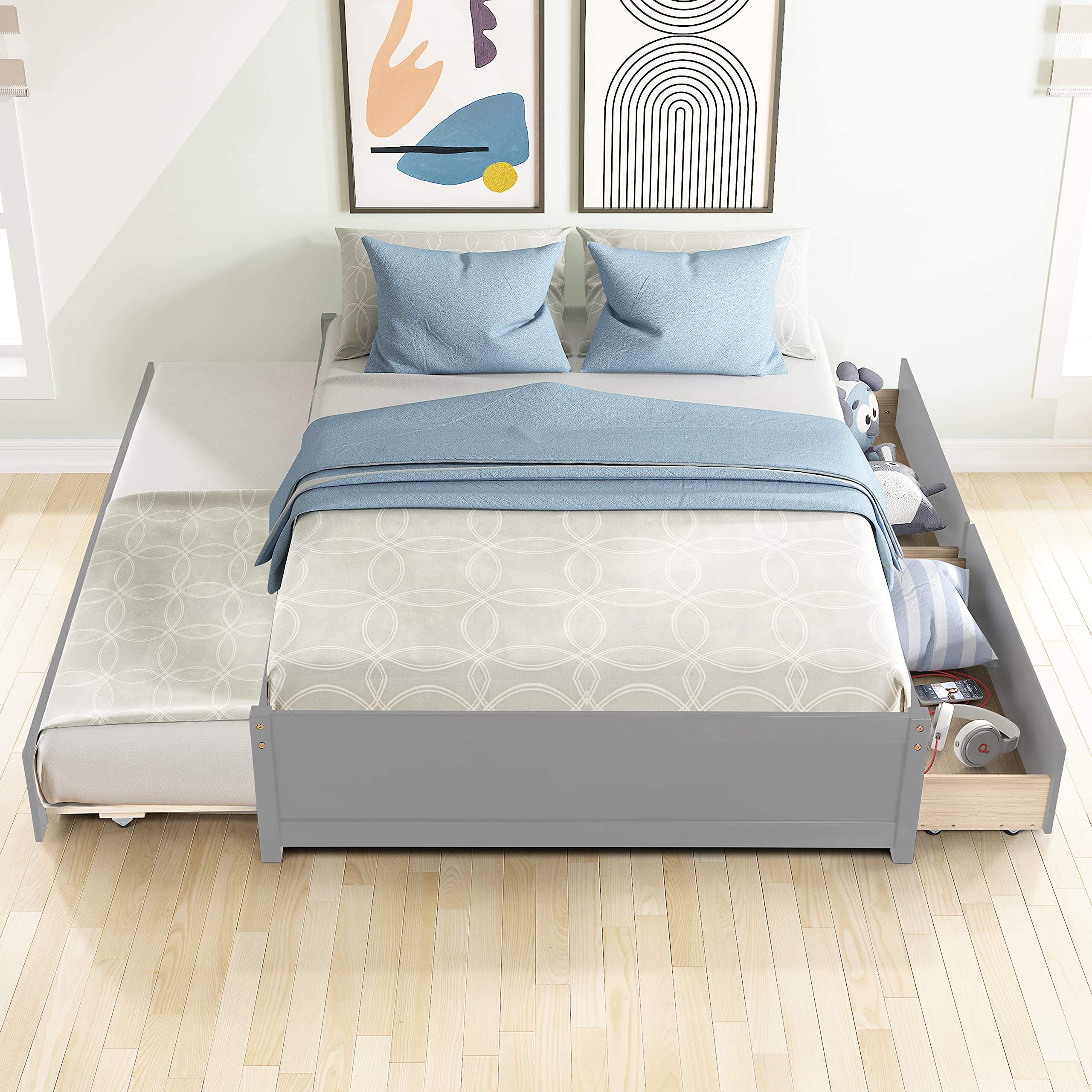 Harper & Bright Designs Full Size Platform Bed Frame with Trundle and 2 Drawers - Space Saving Wooden Bed for Kids, Teens & Adults (Grey) | Perfect for Small Bedrooms, Guest Rooms & Dormitories