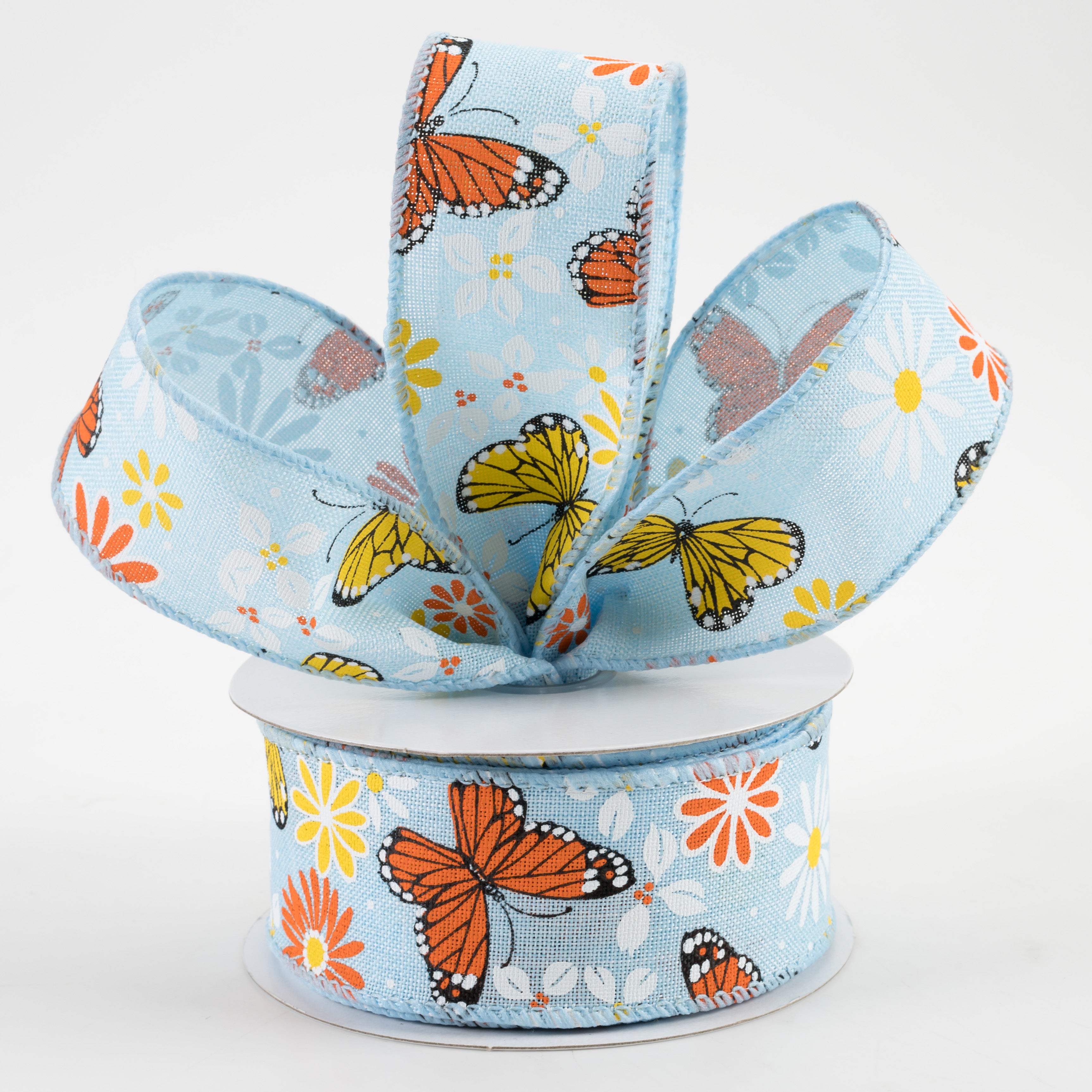 1.5 Inch Light Blue Butterflies & Flowers Linen Ribbon - 10 Yards for DIY Crafts, Gift Wrapping, Scrapbooking & Home Decor