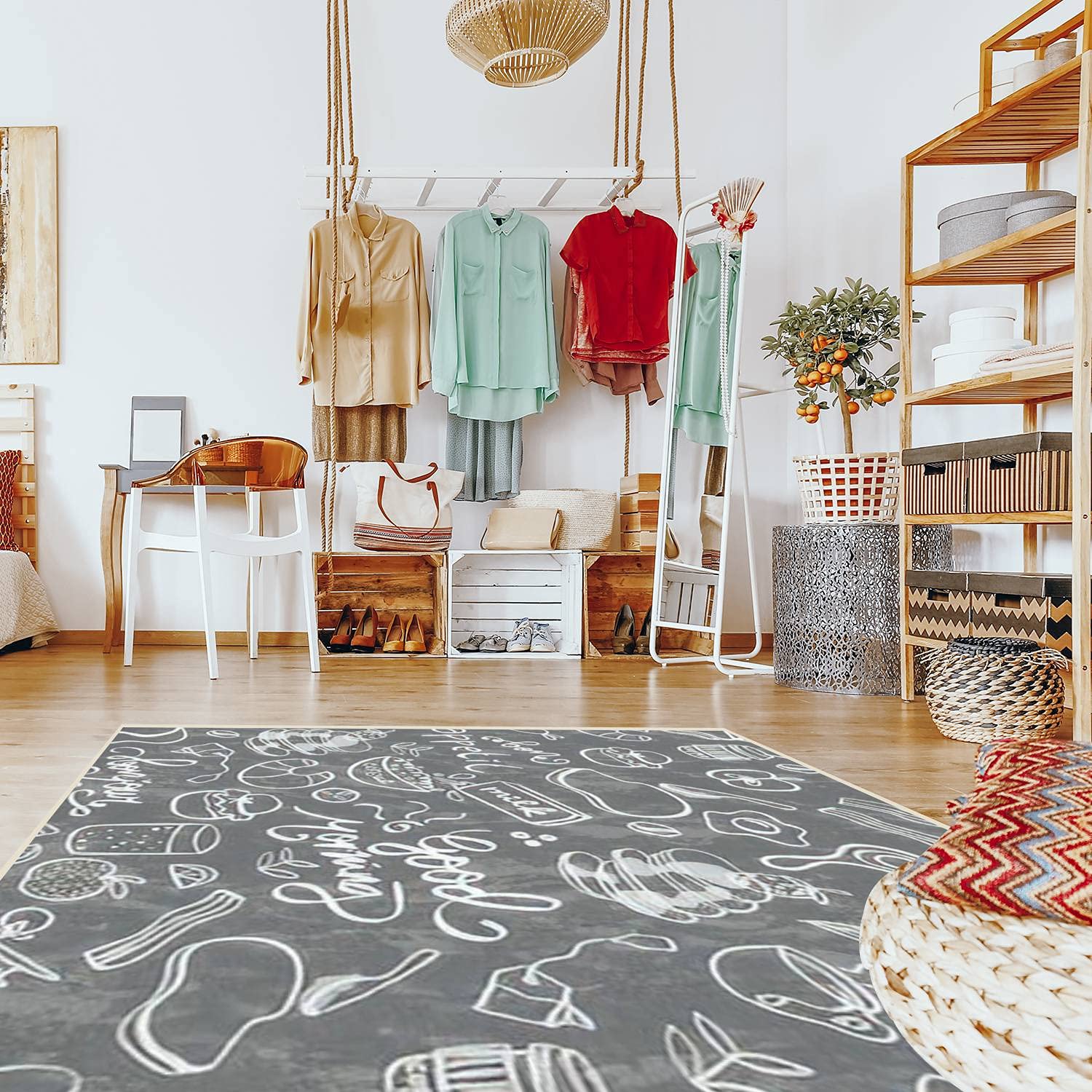 Modern Abstract Area Rugs - Stain Resistant Non-Slip Carpet for Living Room, Bedroom, Kitchen, Bathroom | Seamless Pattern with Chalkboard Lettering Design | Perfect for Home Decor, Dining Areas & Breakfast Nooks