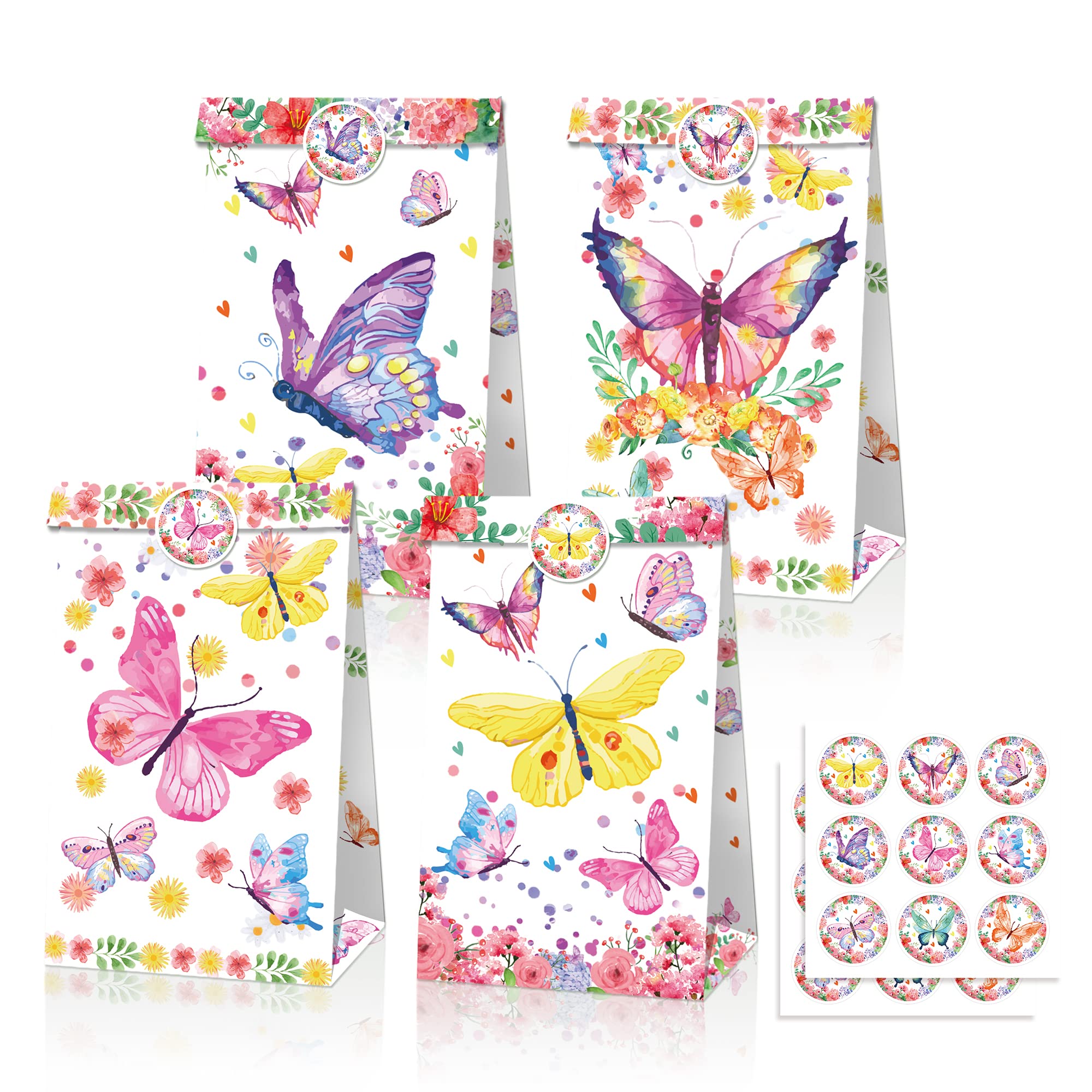12 Pcs Butterfly Party Favor Bags with Stickers - Cute Butterfly Themed Goodie Bags for Kids Birthday Party, Baby Shower & Easter Celebration - Perfect for Candy, Treats & Small Gifts (Butterfly Party Decorations Supplies)