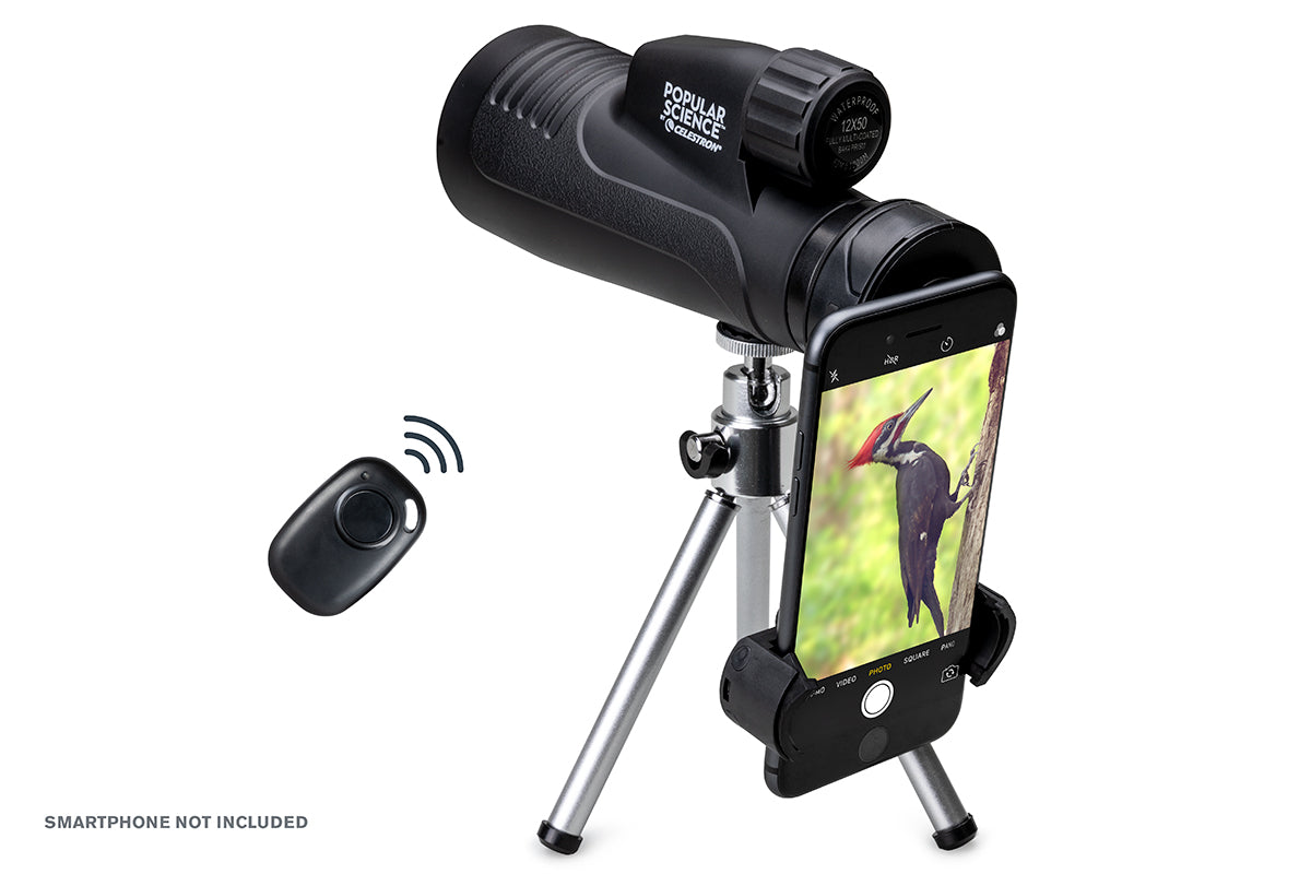 Celestron Outland X 12x50mm Monocular Telescope with Tripod Stand, Smartphone Adapter & Bluetooth Remote - High Power Zoom for Bird Watching, Hunting, Stargazing & Outdoor Adventures