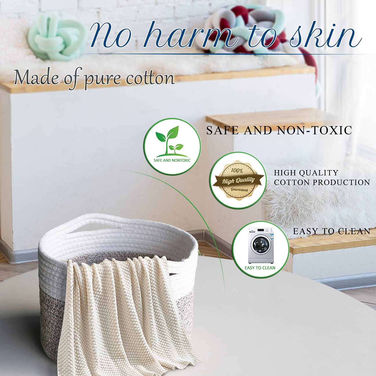 Round Woven Rope Basket with Handle - 9.5x9.5x7.1 Inch Cotton Storage Basket for Nursery, Shelf & Home Decor - Brown Beige Mixed Design - 8.2L Capacity - Perfect for Baby Room Organization, Bathroom Towels & Living Room Storage