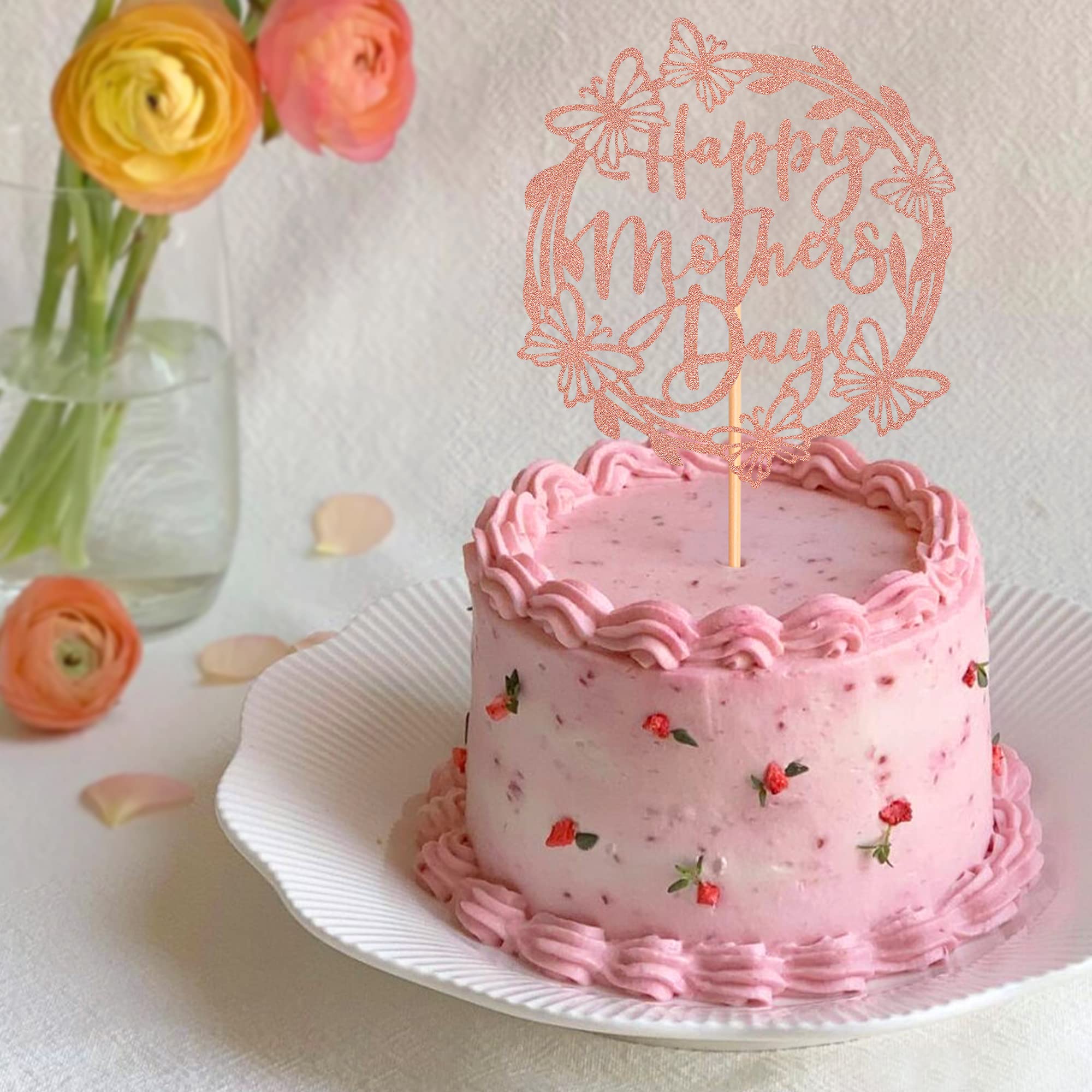 Happy Mother's Day Cake Topper - Glitter Letter Mom Cake Decoration with Rose Gold Butterfly for Birthday Party, Wedding, Baby Shower & Special Celebrations