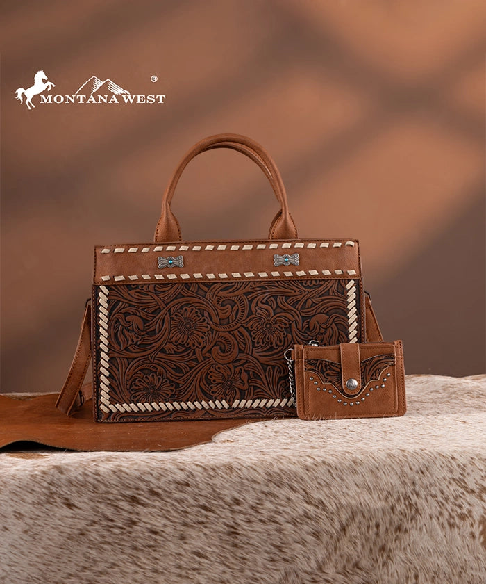 Montana West Floral Tooled Leather Tote Bag Set for Women - Stylish Handbag for Work, Travel & Everyday Use