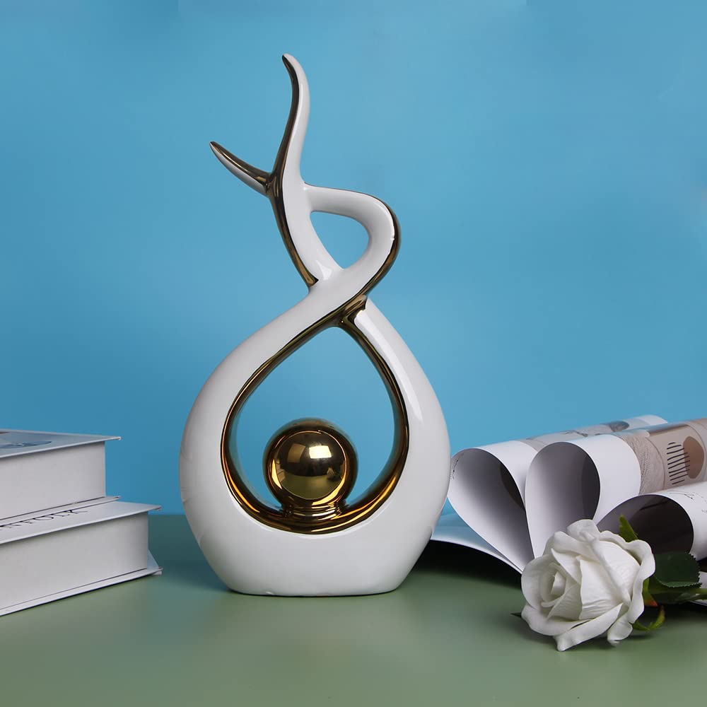 Modern Abstract Ceramic Statue - White & Gold Large Centerpiece for Dining Room, Living Room, Office & Home Decor