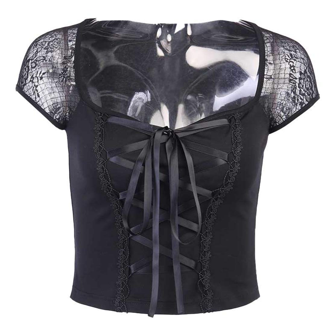 Hularka Women's Lace Patchwork Crop Top | Slim Fit Lace-Up Gothic Punk T-Shirt | Casual Blouse for Concerts, Parties & Streetwear Fashion
