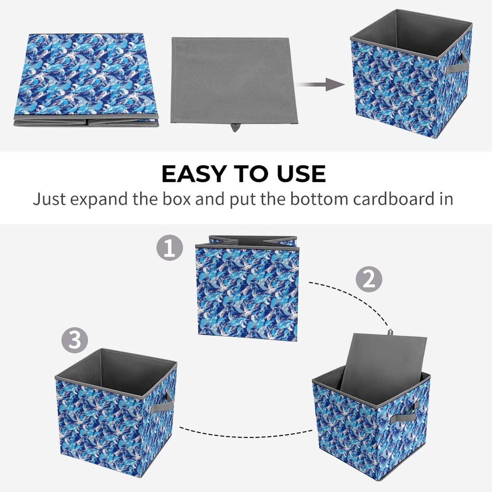 Blue Tropical Leaves Foldable Storage Bins 4-Pack - Collapsible Fabric Cube Baskets with Handles (10.6 Inch) for Nursery, Closet, Shelves - Organize Clothes, Toys, Books | Space-Saving Home & Office Storage Solution