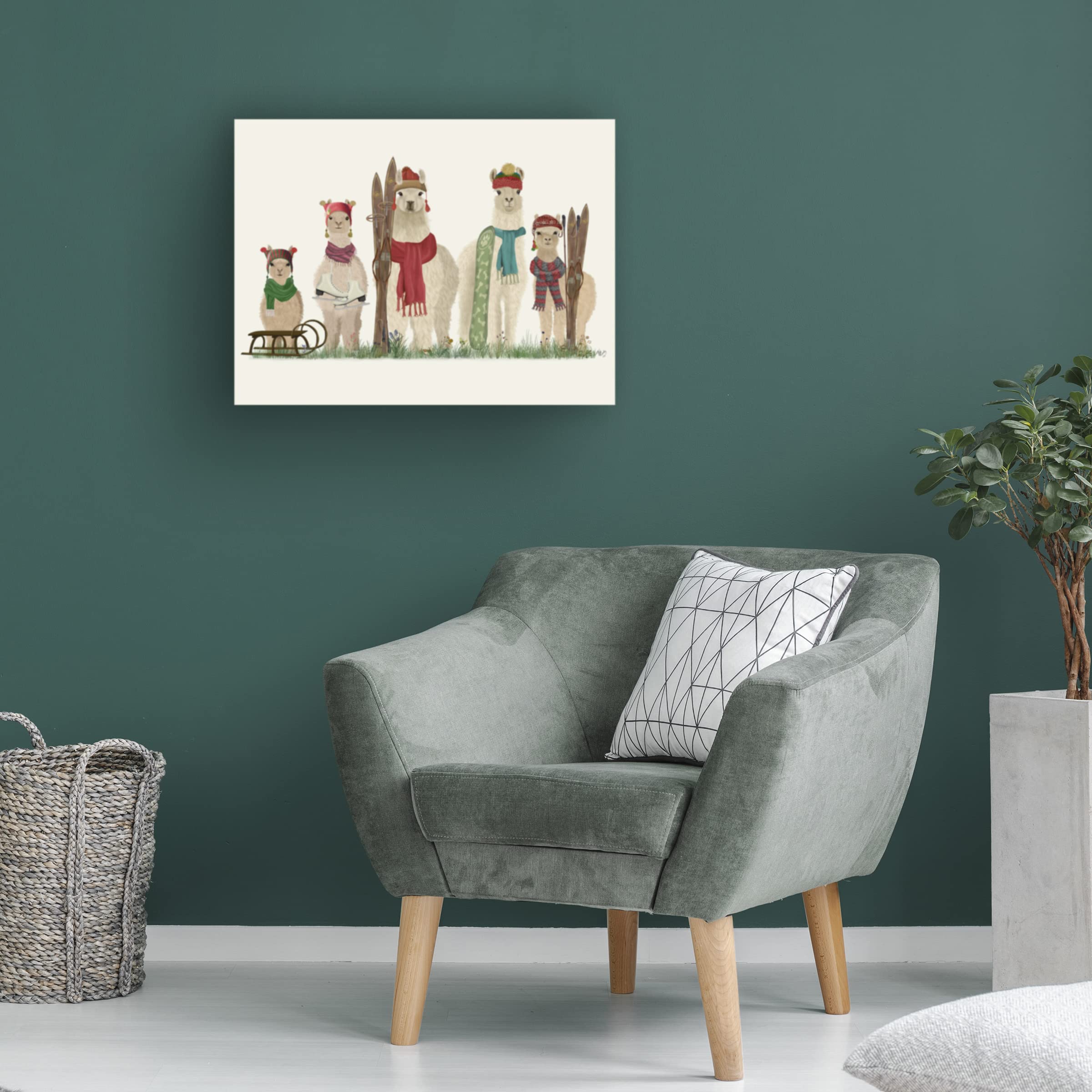 Fab Funky 'Llama Family Winter Sports' Canvas Wall Art Print - Perfect for Nursery, Kids Room Decor & Winter Themed Home Decor