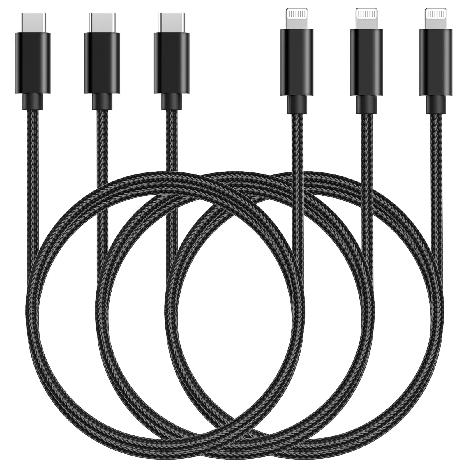 3-Pack MFi Certified USB C to Lightning Cable 6.6ft - Fast Charging Nylon Braided iPhone Charger Cord for iPhone 14/13/12/11/Pro/XS/X/8, iPad & AirPods - Durable & Tangle-Free (Black) | Perfect for Home, Office & Travel Charging