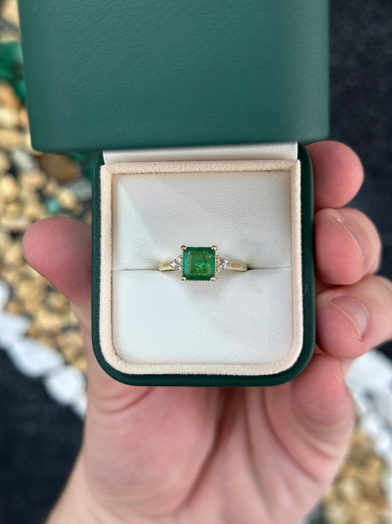1.92tcw 14K Gold Natural Asscher Cut 7x7mm Square Emerald & Diamond Cluster 3 Stone Engagement Ring for Women - Perfect for Proposals, Weddings & Anniversary Gifts
