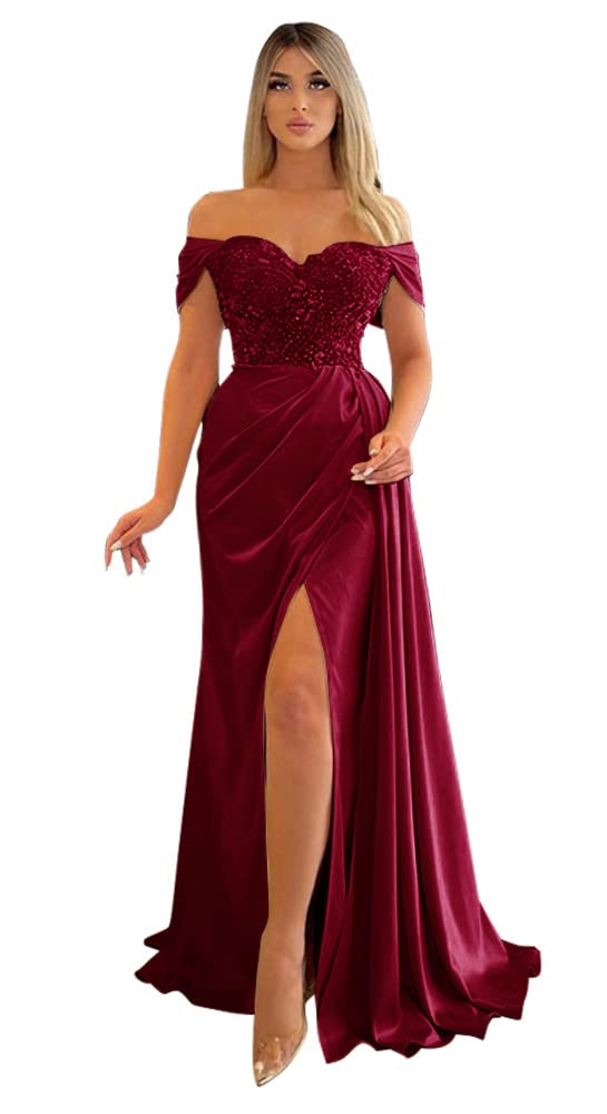 **Elegant Off-the-Shoulder Beaded Prom Dresses 2023 – Mermaid Formal Evening Gowns with V-Neck & Slit – Women's Party & Bridesmaid Dresses for Prom, Homecoming, Weddings & Special Occasions**