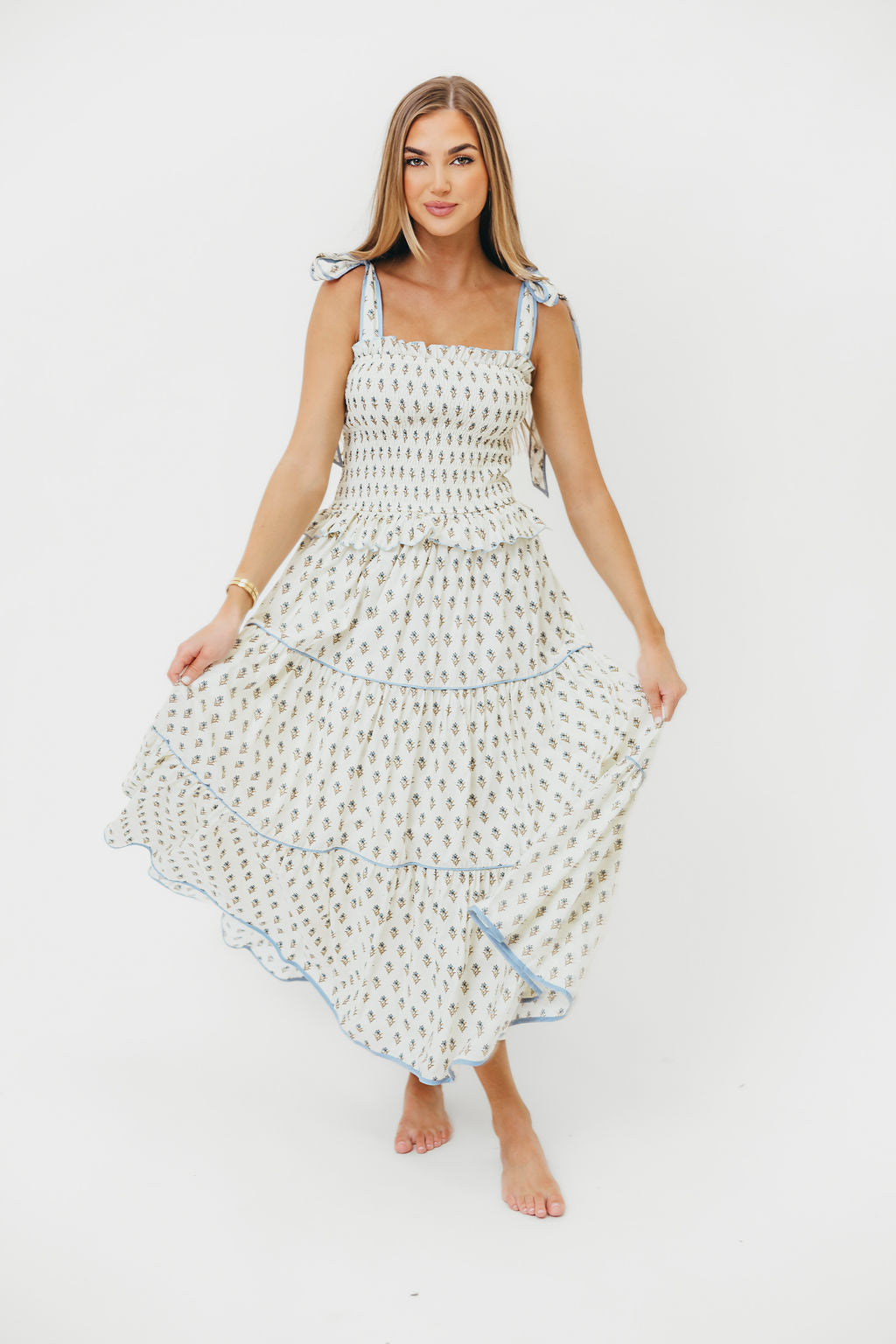 Calypso Floral Print Smocked Bodice Tiered Midi Dress in Cream | Women's Summer Boho Dress for Beach, Wedding & Vacation | Lightweight Flowy Dress with Elastic Waist