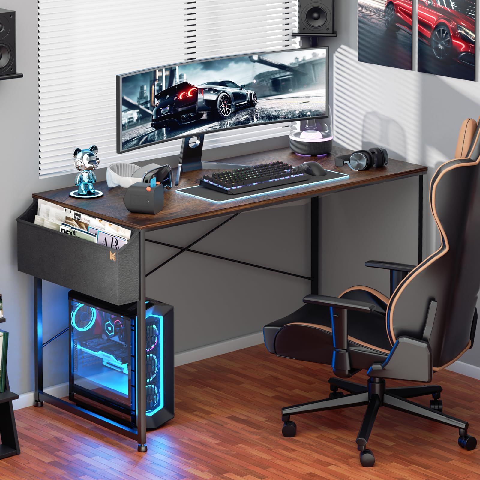 MoNiBloom 55 Inch Home Office Gaming Desk with Storage Bag - Rustic Brown Computer Study Table for Work, Gaming & Online Learning | Perfect for Small Spaces & Dorm Rooms